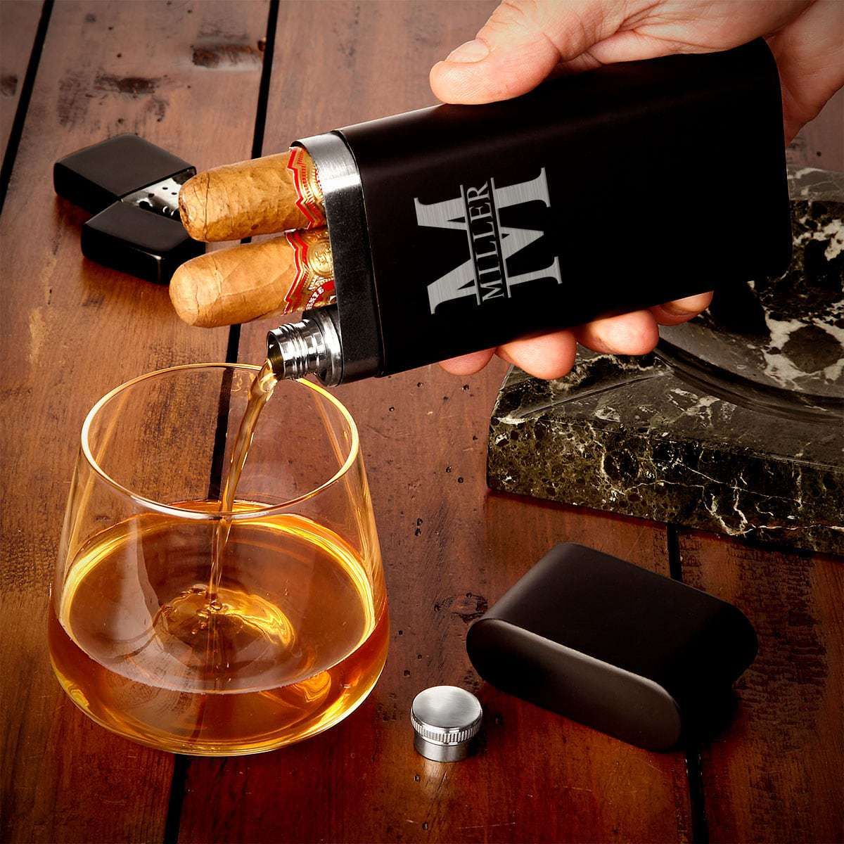 Sheffield Custom Cigar Flask, Black Cigar Holder and Whiskey Gift