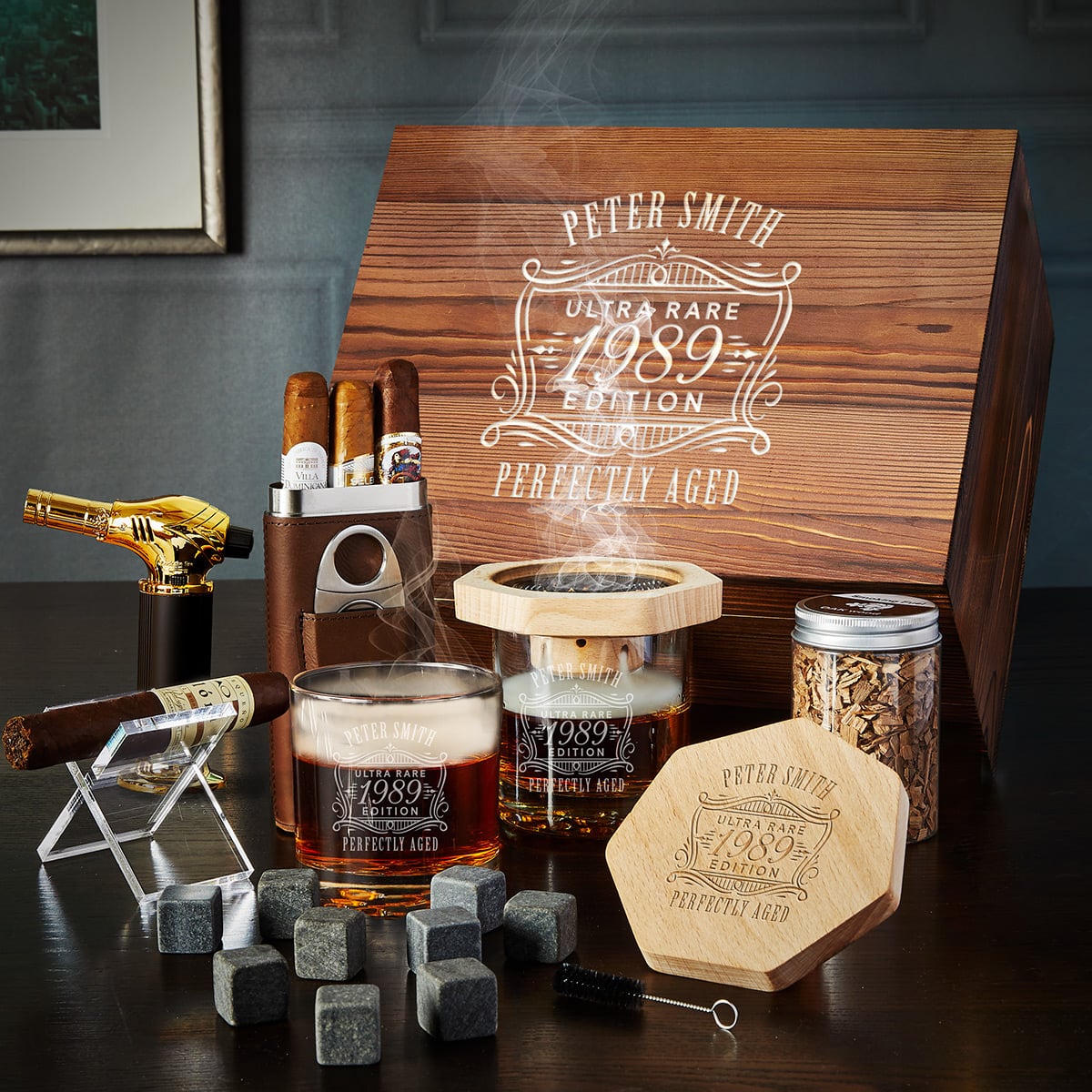 Cigar Gift Set 12pc with Cigar Holder and Black Diamond Cocktail Smoker 