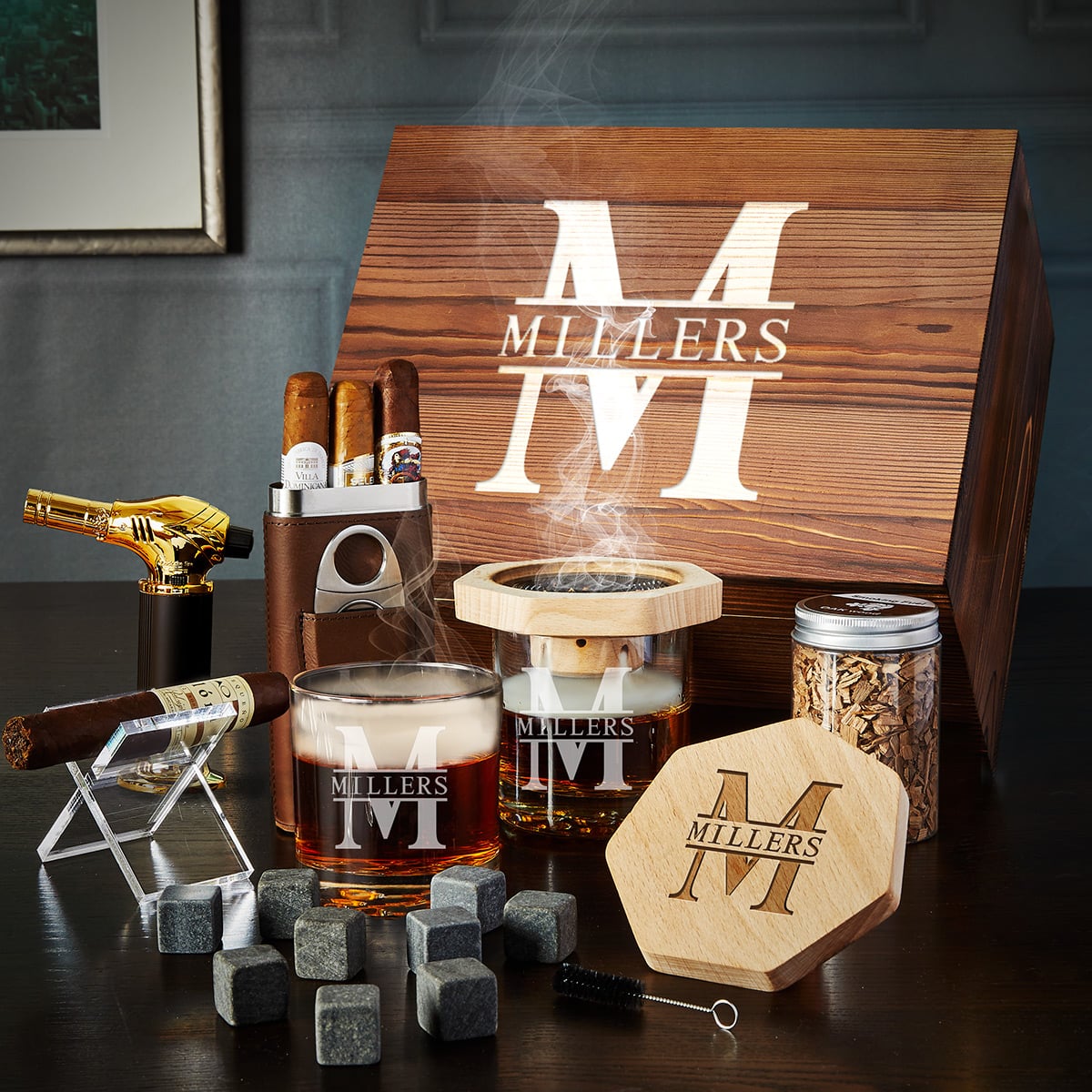 Cigar Gift Set 12pc with Cigar Holder and Black Diamond Whiskey Smoker 