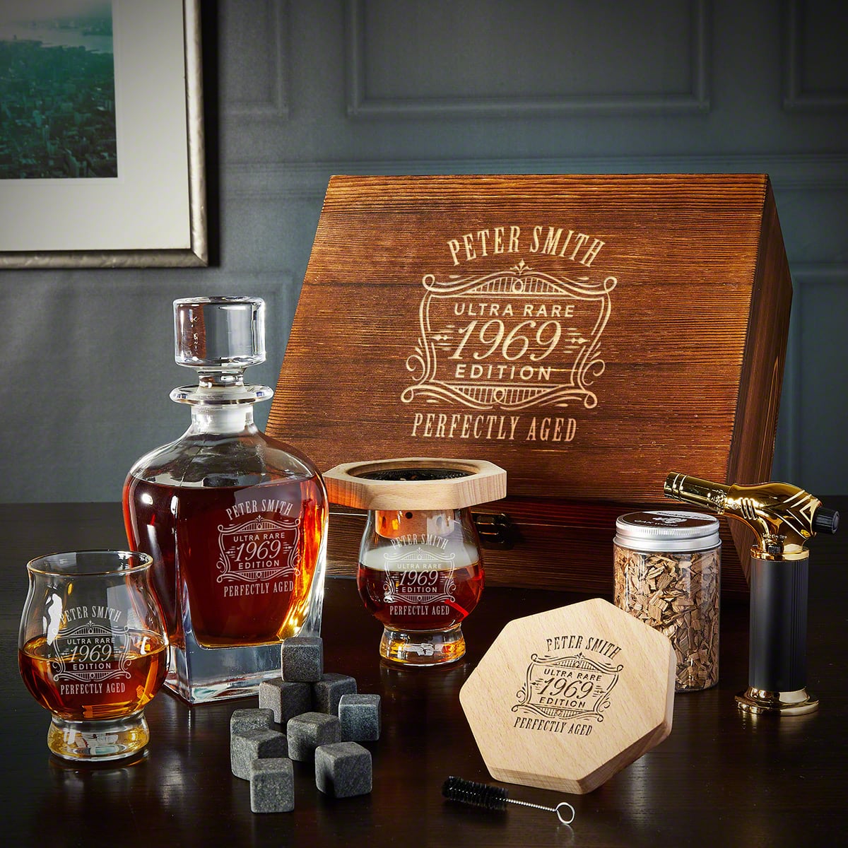 Bourbon Trail Black Diamond Custom Whiskey Smoker Kit - 10pc Boxed Set with Decanter