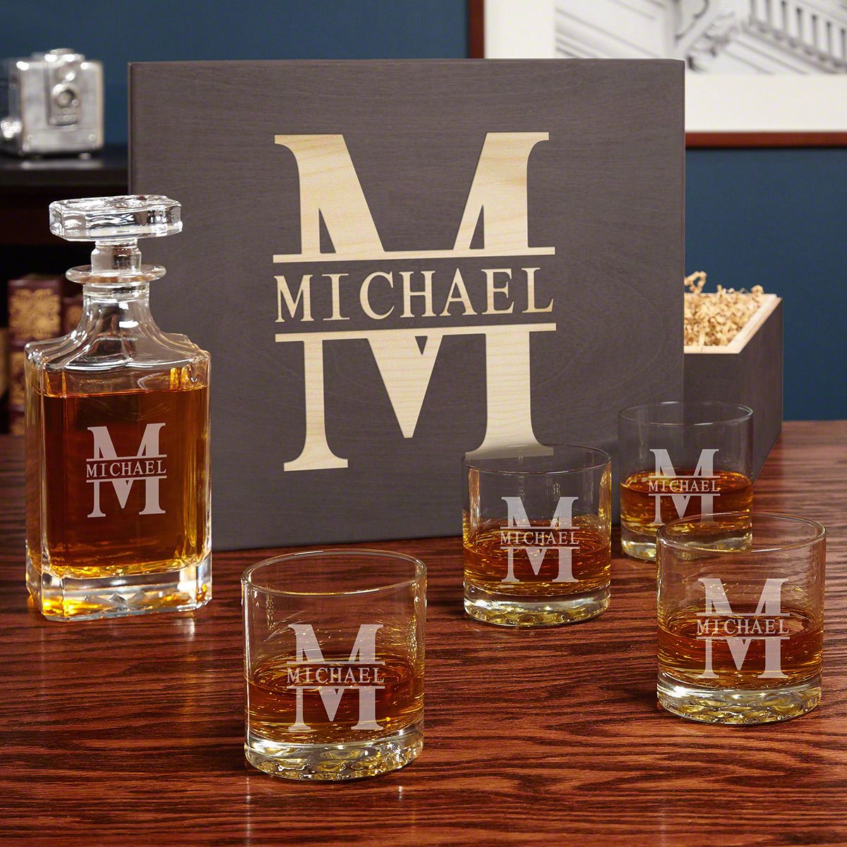 Boxed Decanter Set with Personalized Whiskey Glasses