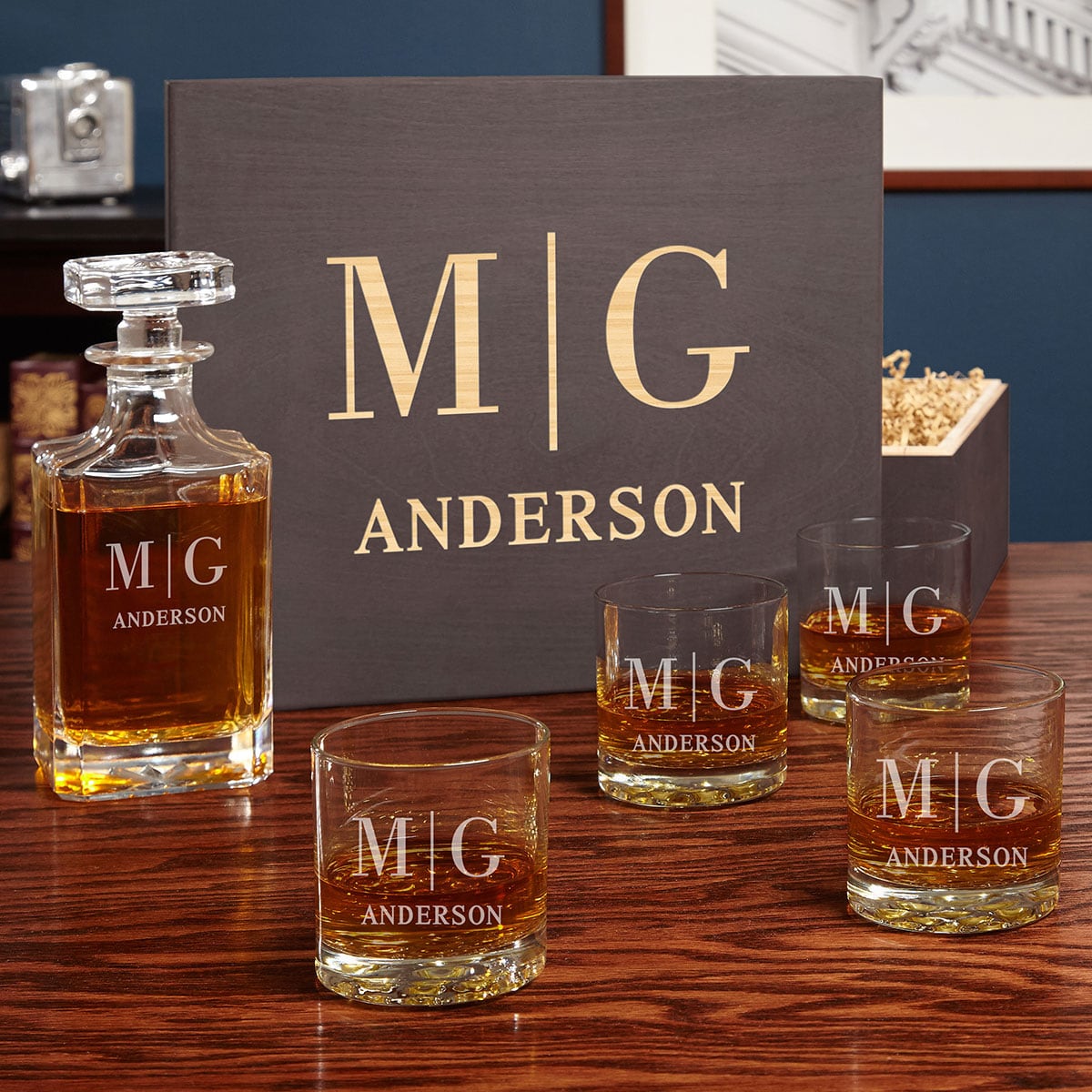 Boxed Decanter Set with Personalized Whiskey Glasses