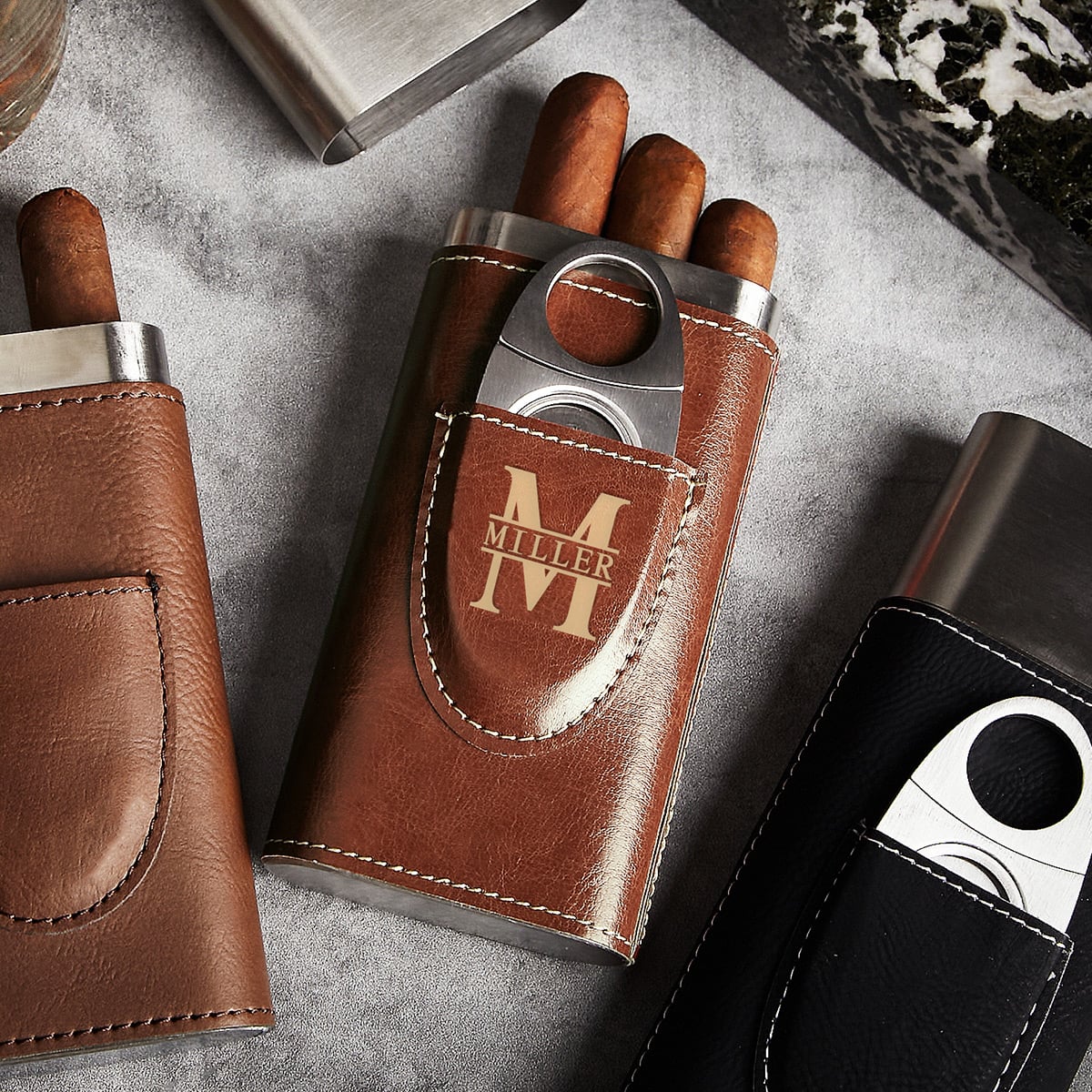 Custom Cigar Case with Cutter - Brown Vegan Leather