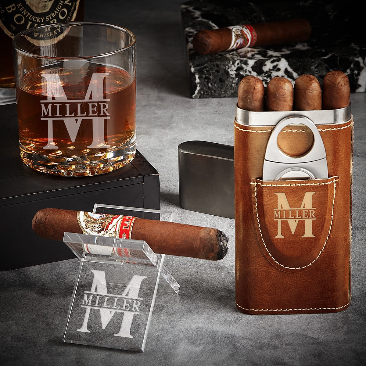 Custom Cigar Gift Set with Cigar Case, Stand, and Whiskey Glass
