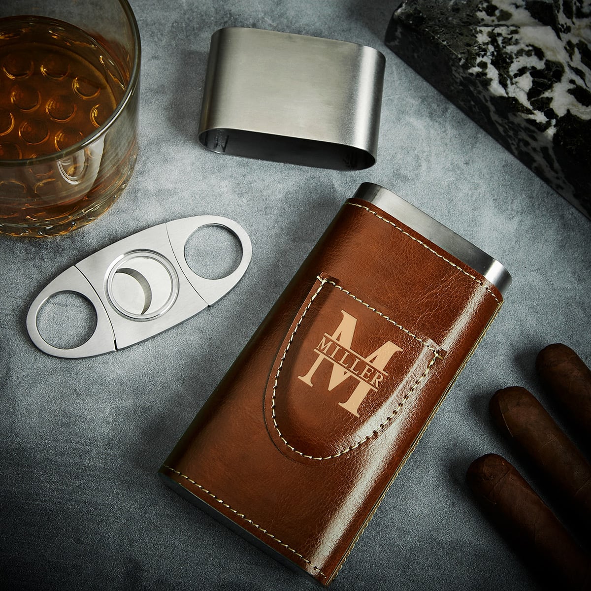 Custom Cigar Gift Set with Cigar Case, Stand, and Whiskey Glass