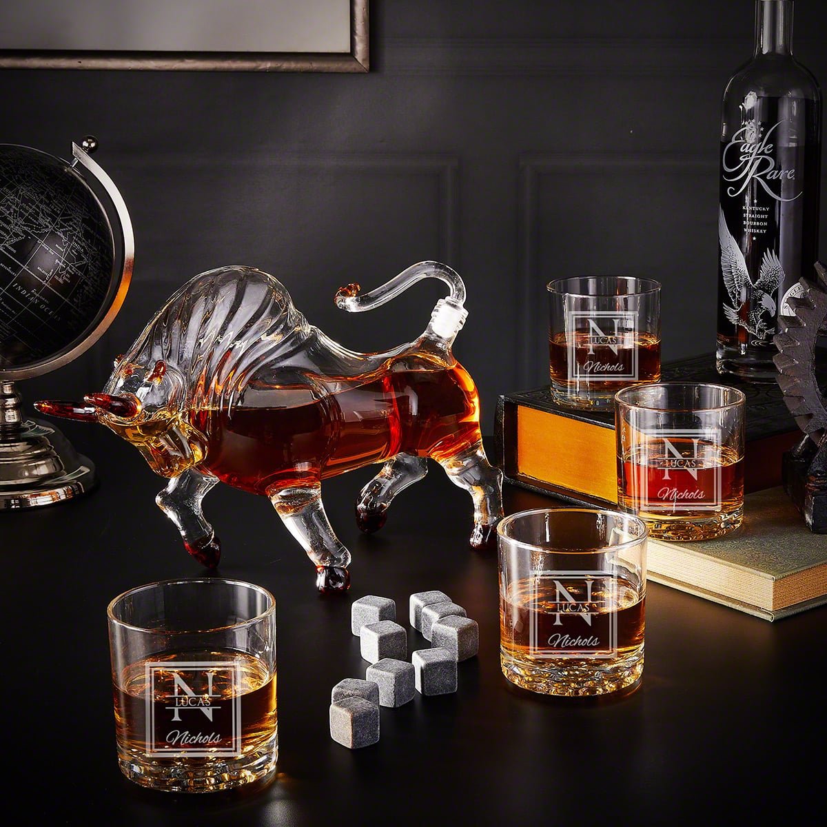 Bull Whiskey Decanter Set with Custom Rocks Glasses - 6pc