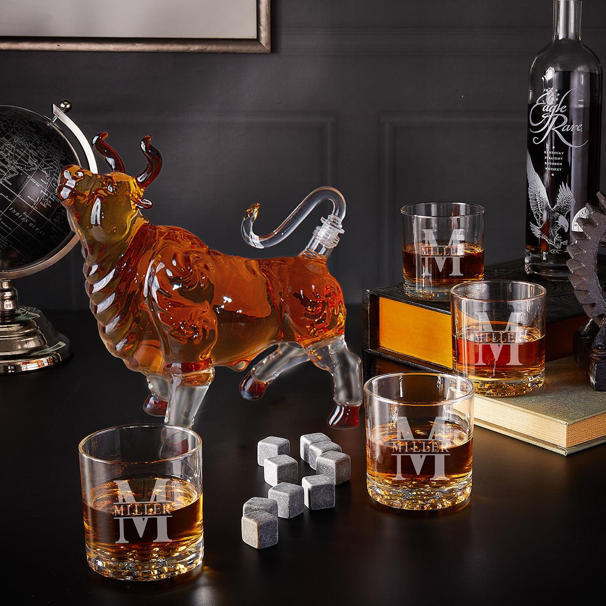 Bull Whiskey Decanter Set with Custom Rocks Glasses - 6pc