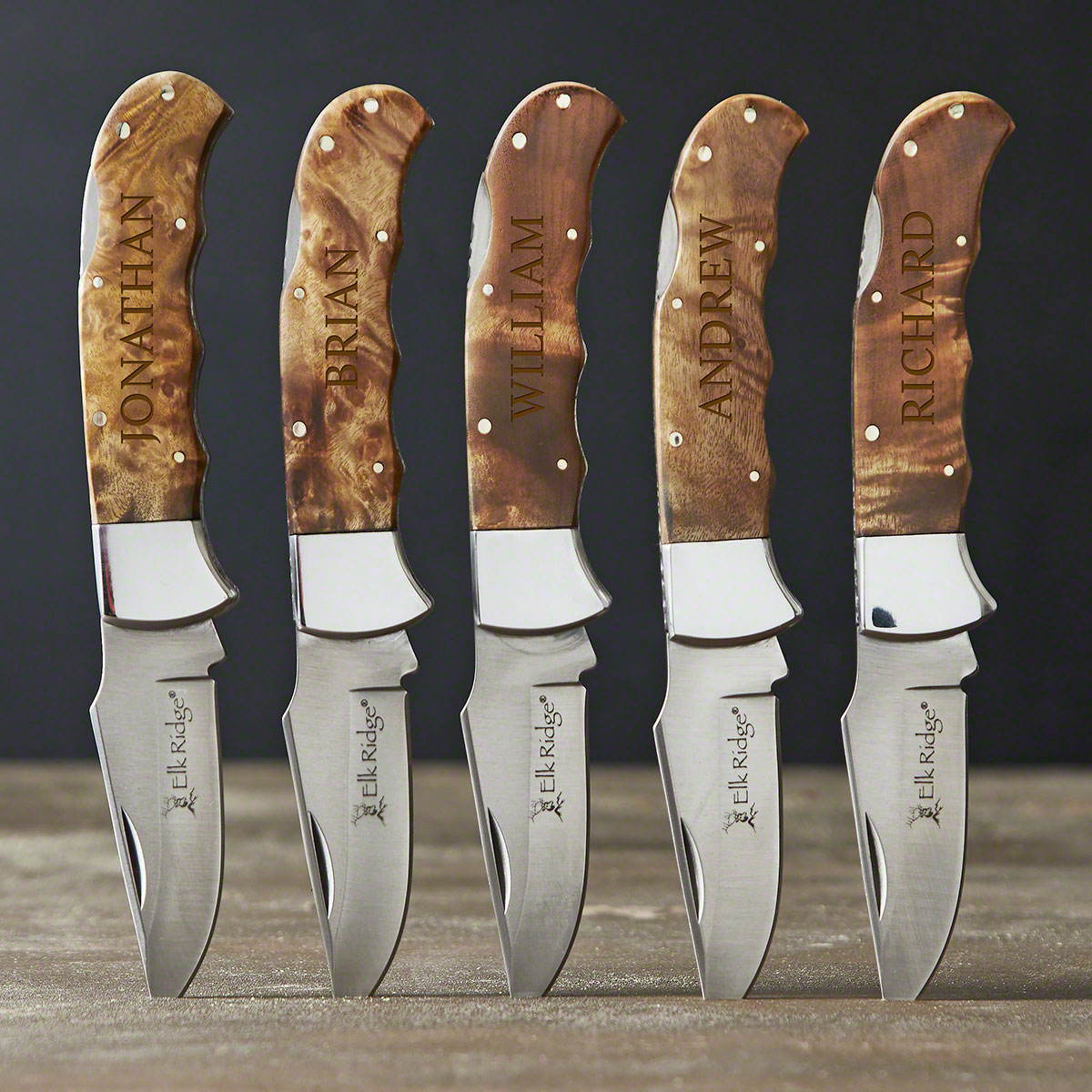 Burl Wood Engraved Pocket Knives - Set of 5 Groomsmen Knife Gifts