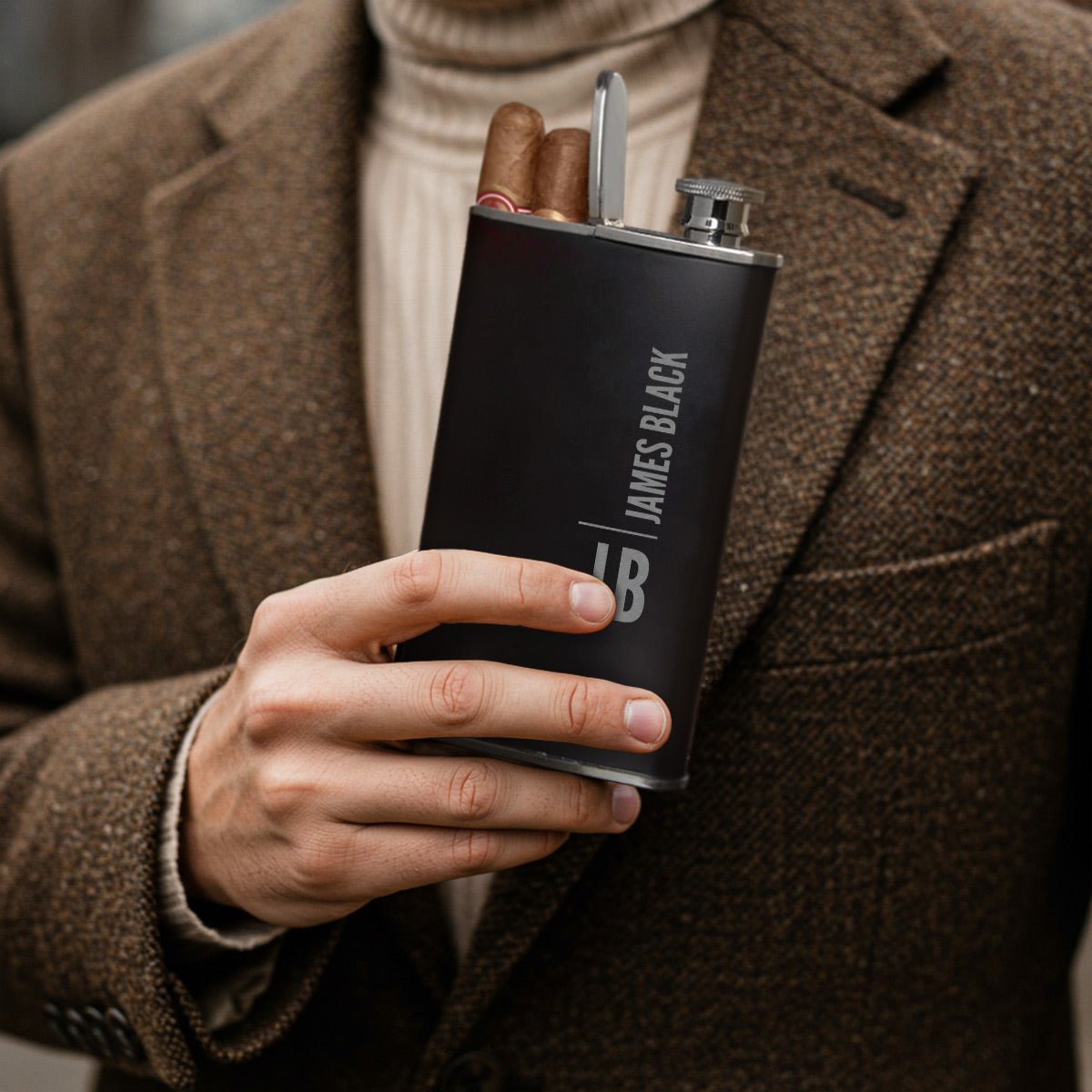 Calvin Engraved Stainless Steel Black Cigar Flask