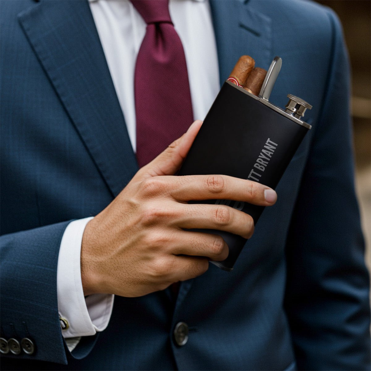 Calvin Engraved Stainless Steel Black Cigar Flask