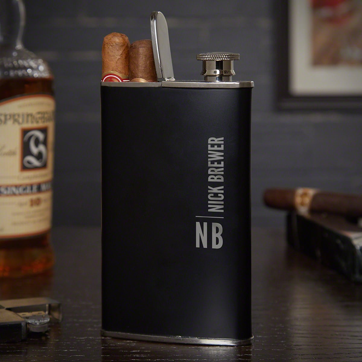 Calvin Engraved Stainless Steel Black Cigar Flask