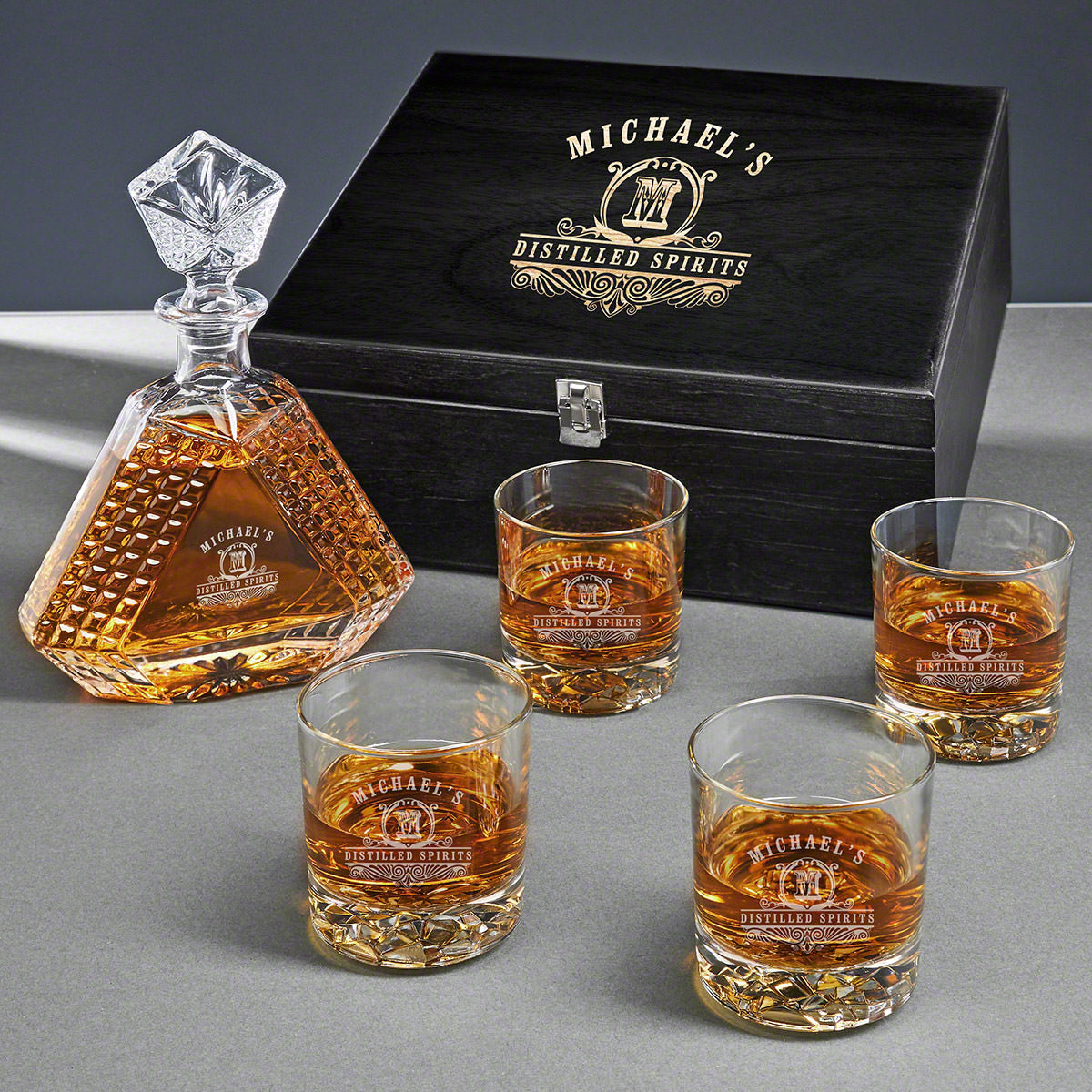 Personalized Devonshire Crystal Decanter Set with Whiskey Glasses - Ebony Black Box