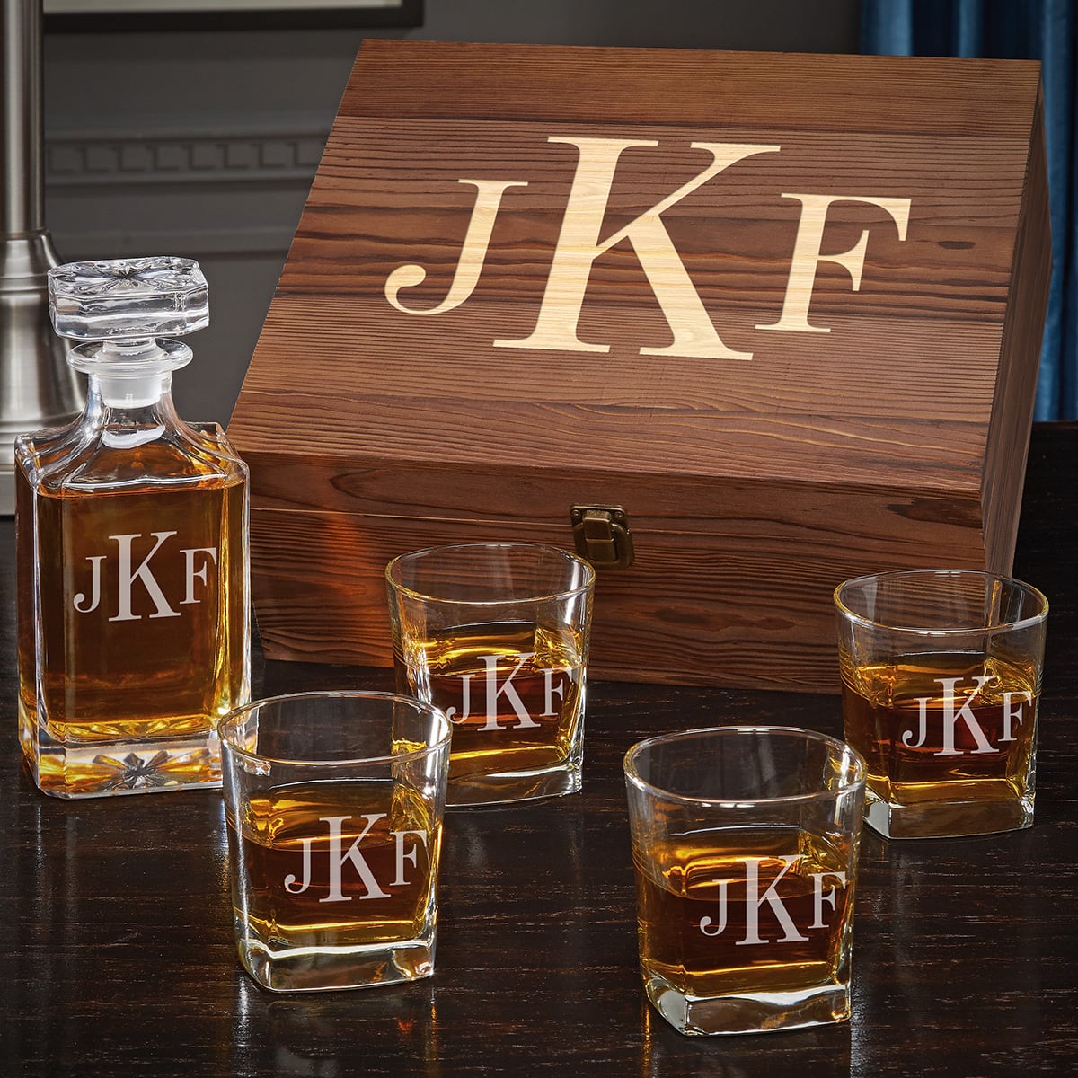 Carson Decanter Personalized Whiskey Gift Set with Square Rocks Glasses