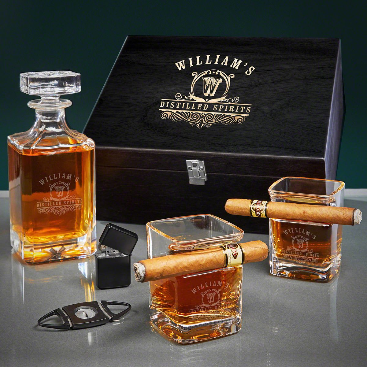 Carson Personalized Cigar Glasses and Whiskey Decanter Set