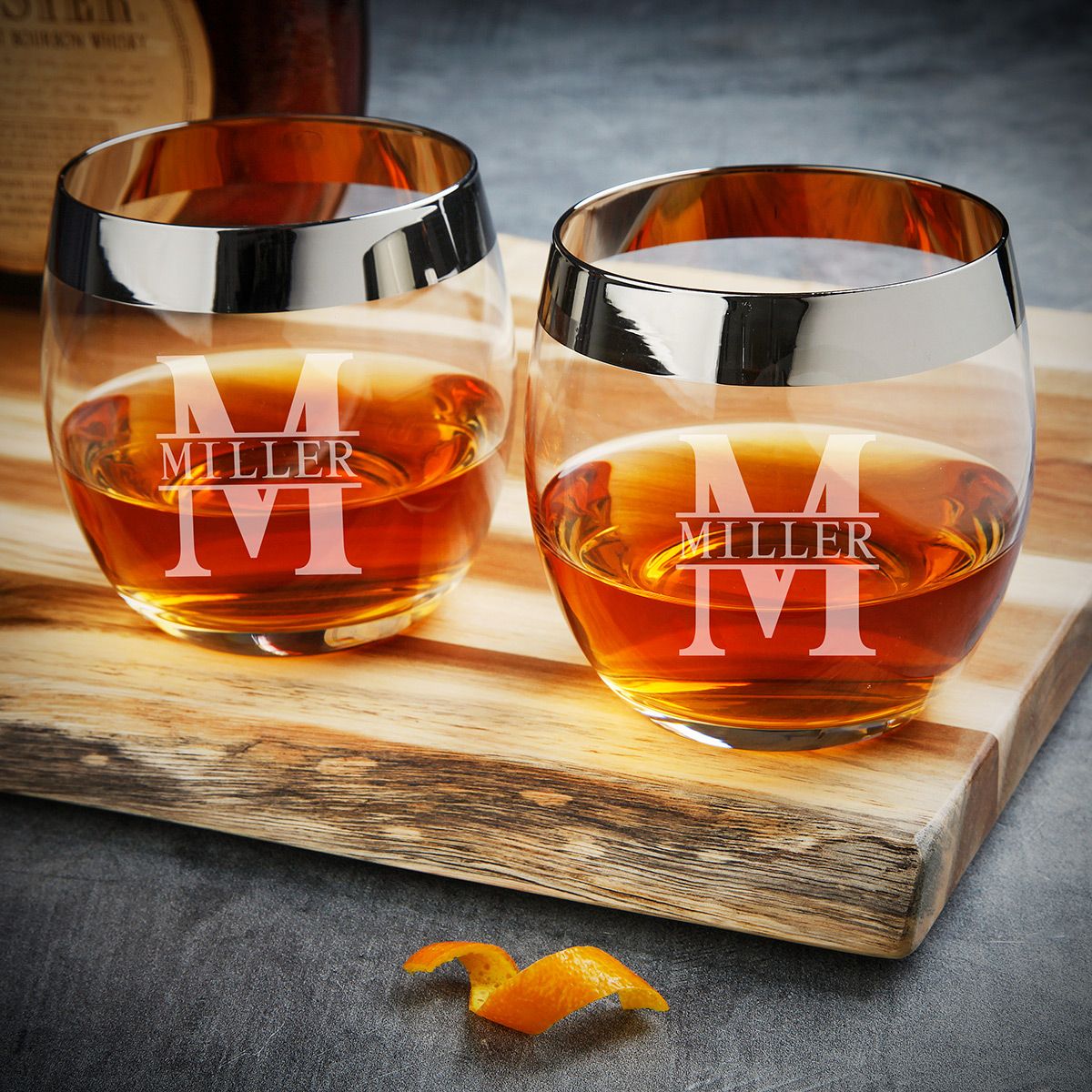 Davenport Engraved Crystal Whiskey Glass, Set of 2, with Chrome Rim