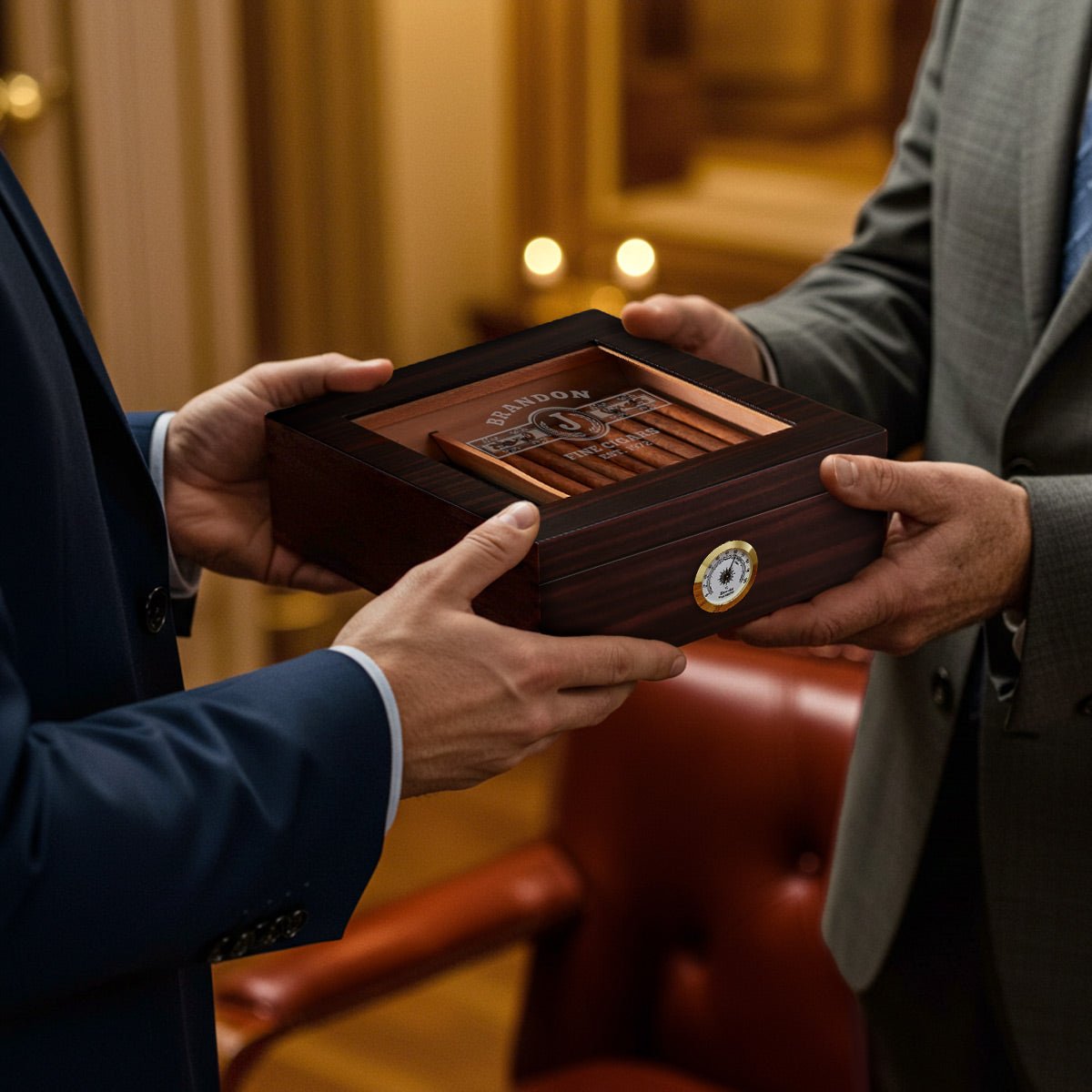 Cigar Aficionado Custom Wood Cigar Humidor with Hygrometer - Espresso Brown Cedar Lined