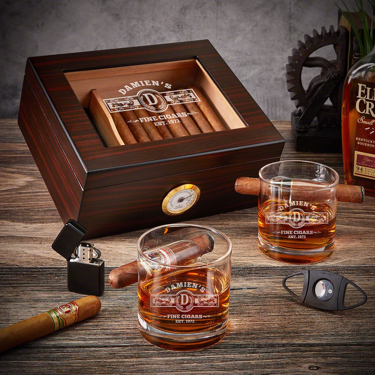 Cigar Gift Set 6pc with Dante Cedar Cigar Humidor & Custom Cigar Glasses