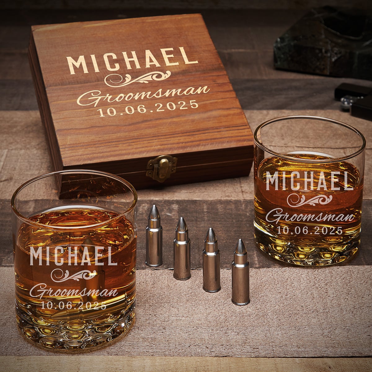 Classic Custom Whiskey Gift for Groomsmen with Buckman Glasses and Bullet Whiskey Stones