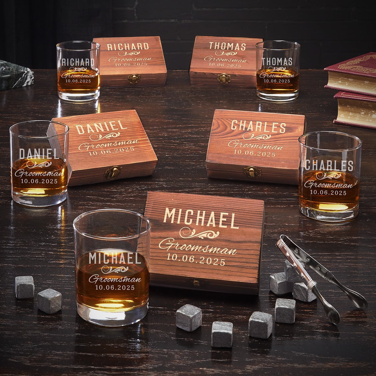 Classic Groomsman Personalized Whiskey Stones Box Set of 5 Groomsmen Gifts