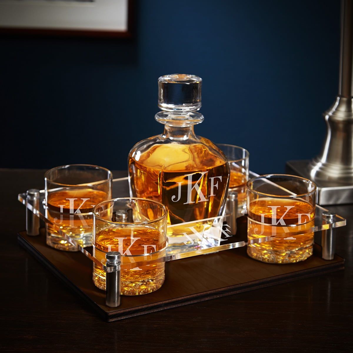 Presentation Set with Engraved Whiskey Glasses & Decanter Set - 6pc Walnut Bar Serving Tray & Display Set