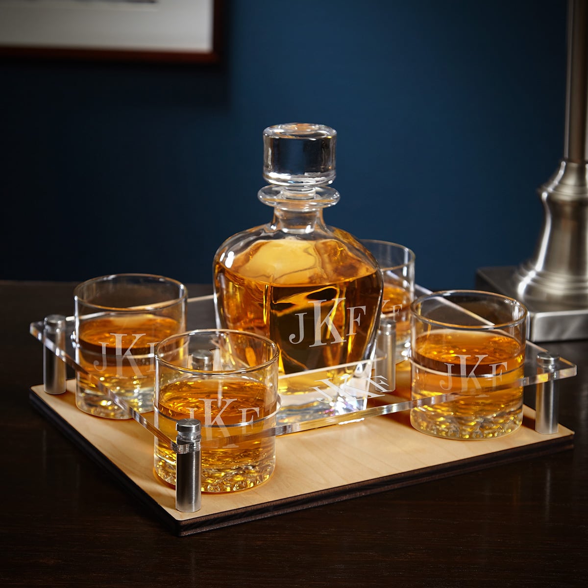 Monogrammed Whiskey Decanter Tray with Glasses - 6 pc Presentation Set