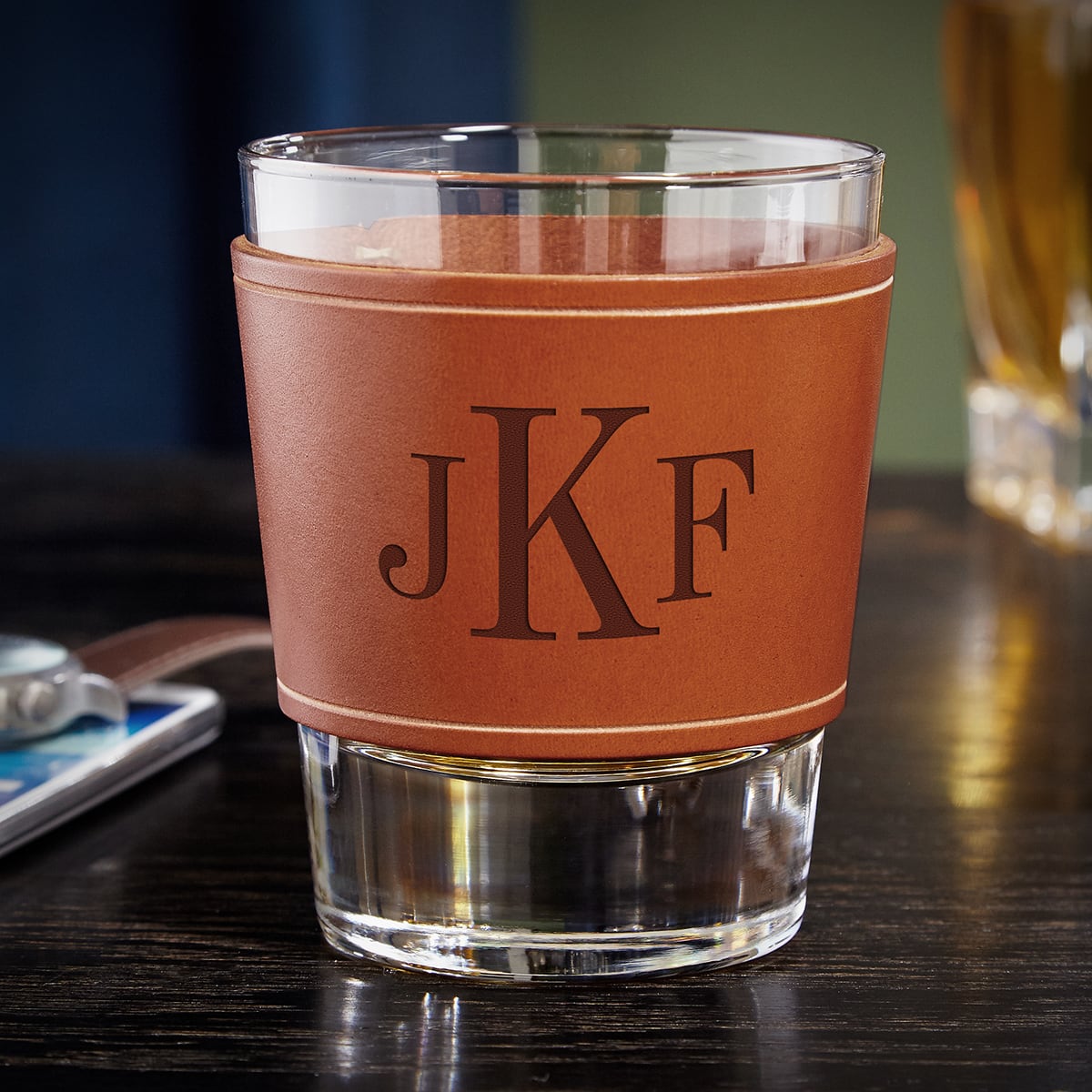Whiskey Glass with Personalized Leather Wrap
