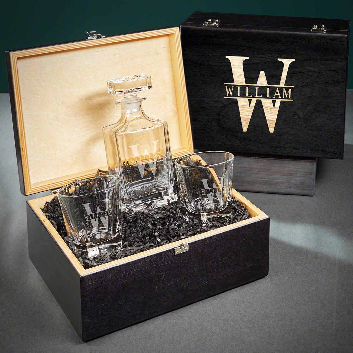 Colchester Engraved Crystal Decanter Set with Whiskey Glasses - Ebony Black Box