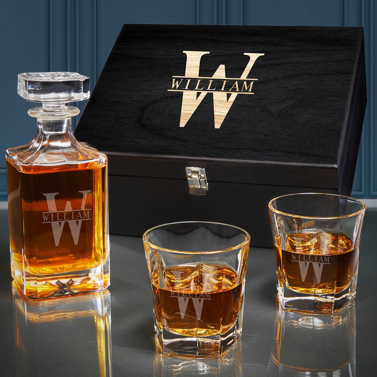 Colchester Engraved Crystal Decanter Set with Whiskey Glasses - Ebony Black Box