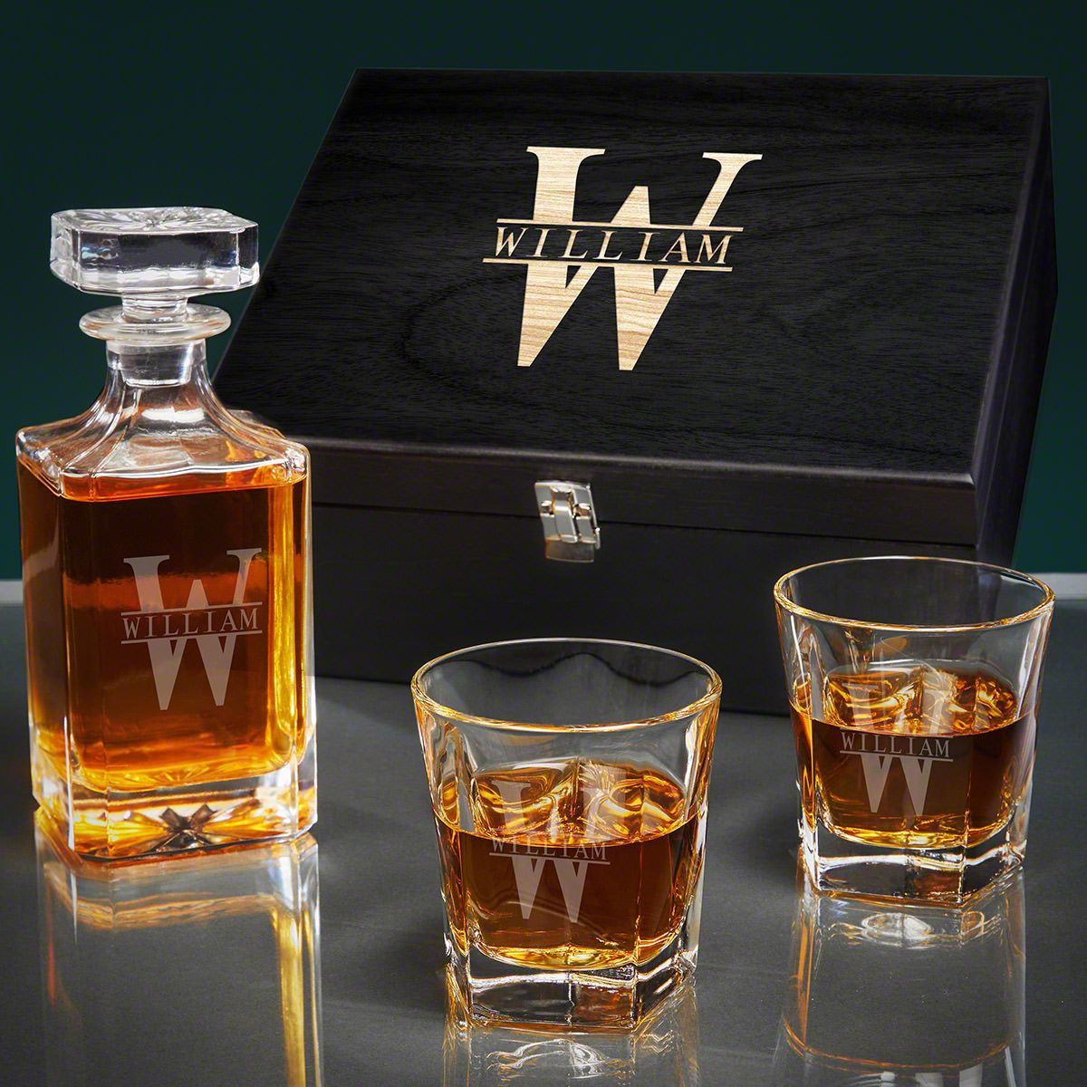 Colchester Engraved Crystal Decanter Set with Whiskey Glasses - Ebony Black Box