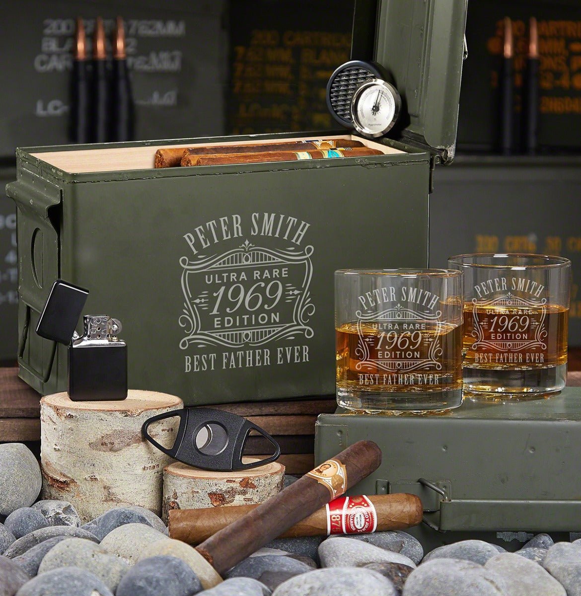 Custom 50 Cal Ammo Can Humidor Cigar Gifts and Two Whiskey Glasses - 7pc