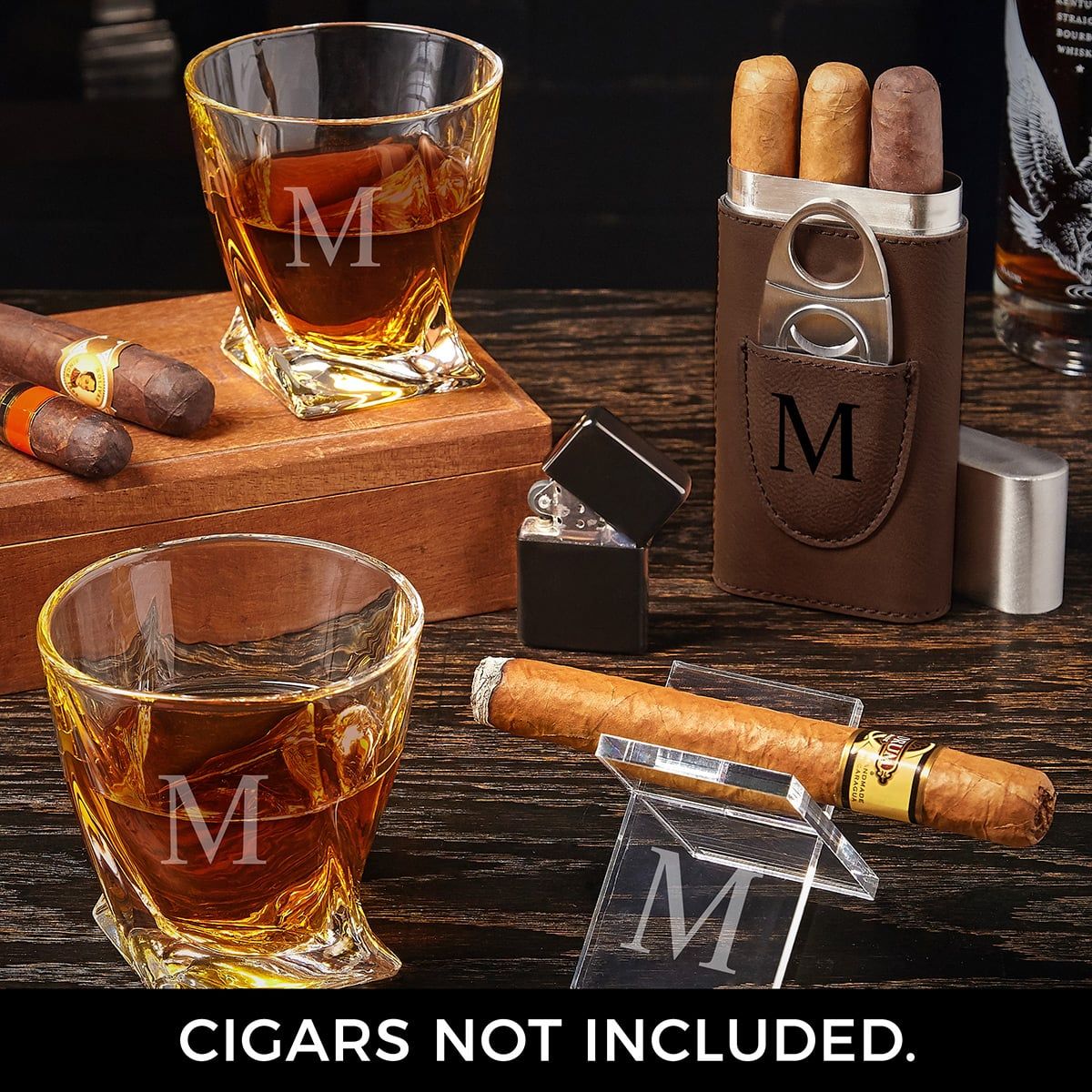 Personalized Cigar Gift Box Set - Perfect online for Whiskey Lovers, Cigar Aficionados, Engraved Rocks Glass, Whiskey Stones, Cigar Holding Glass