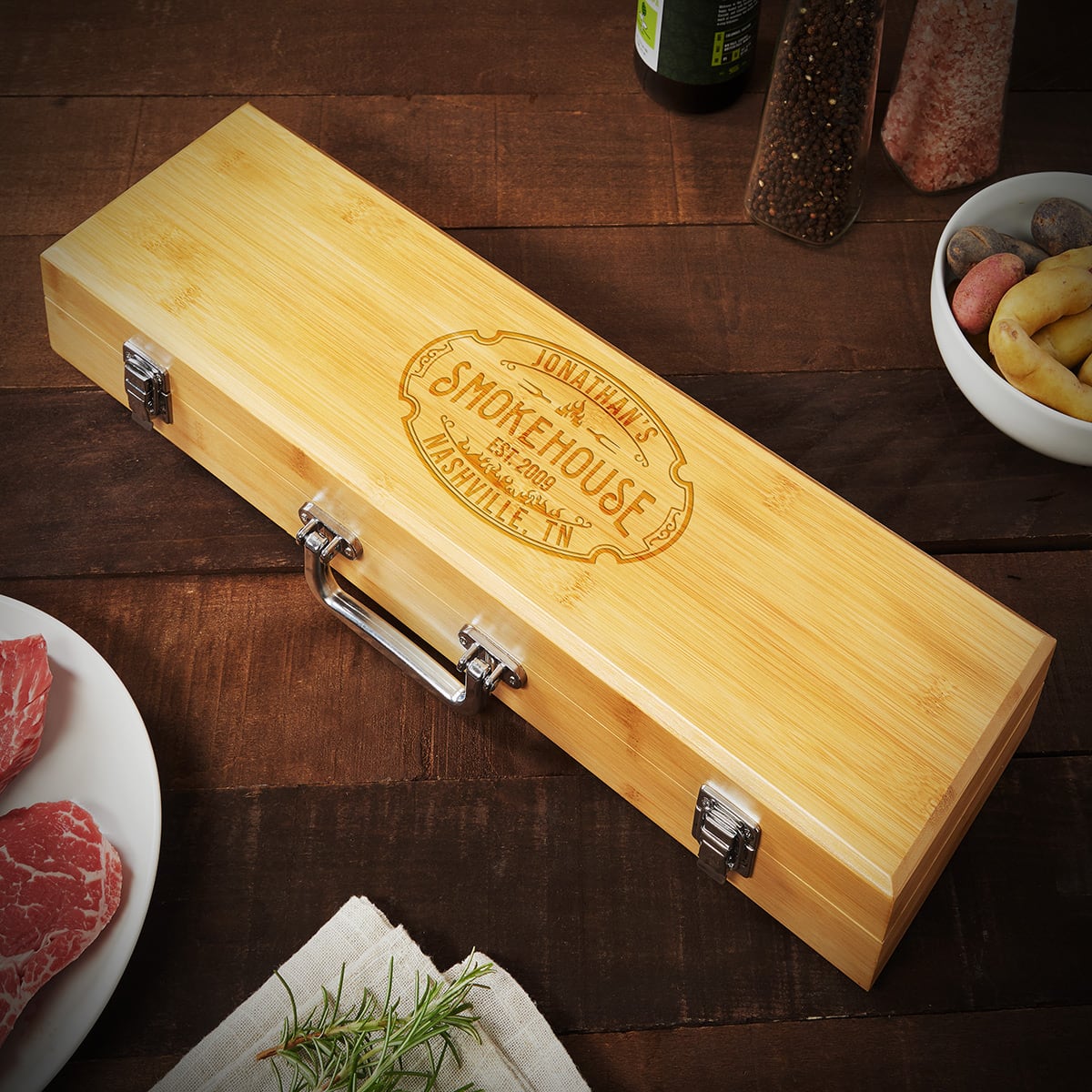 Personalized BBQ Tool Set Engraved with Design high quality Options and Font Selection (Each w/ Three Piece BBQ Tool Set in Rosewood Case)