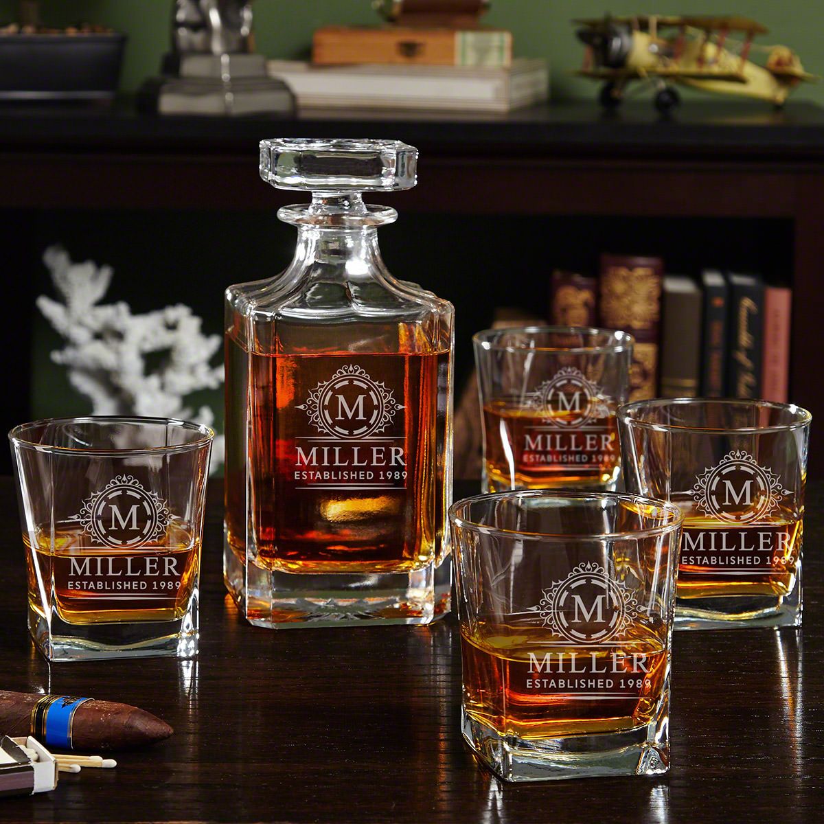 Custom Bourbon Decanter Set with 4 Square Glasses - Crafted Ebony Box