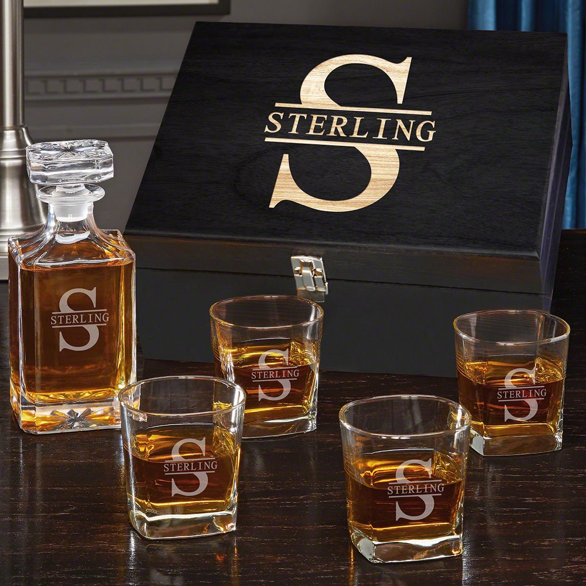 Custom Bourbon Decanter Set with 4 Square Glasses - Crafted Ebony Box