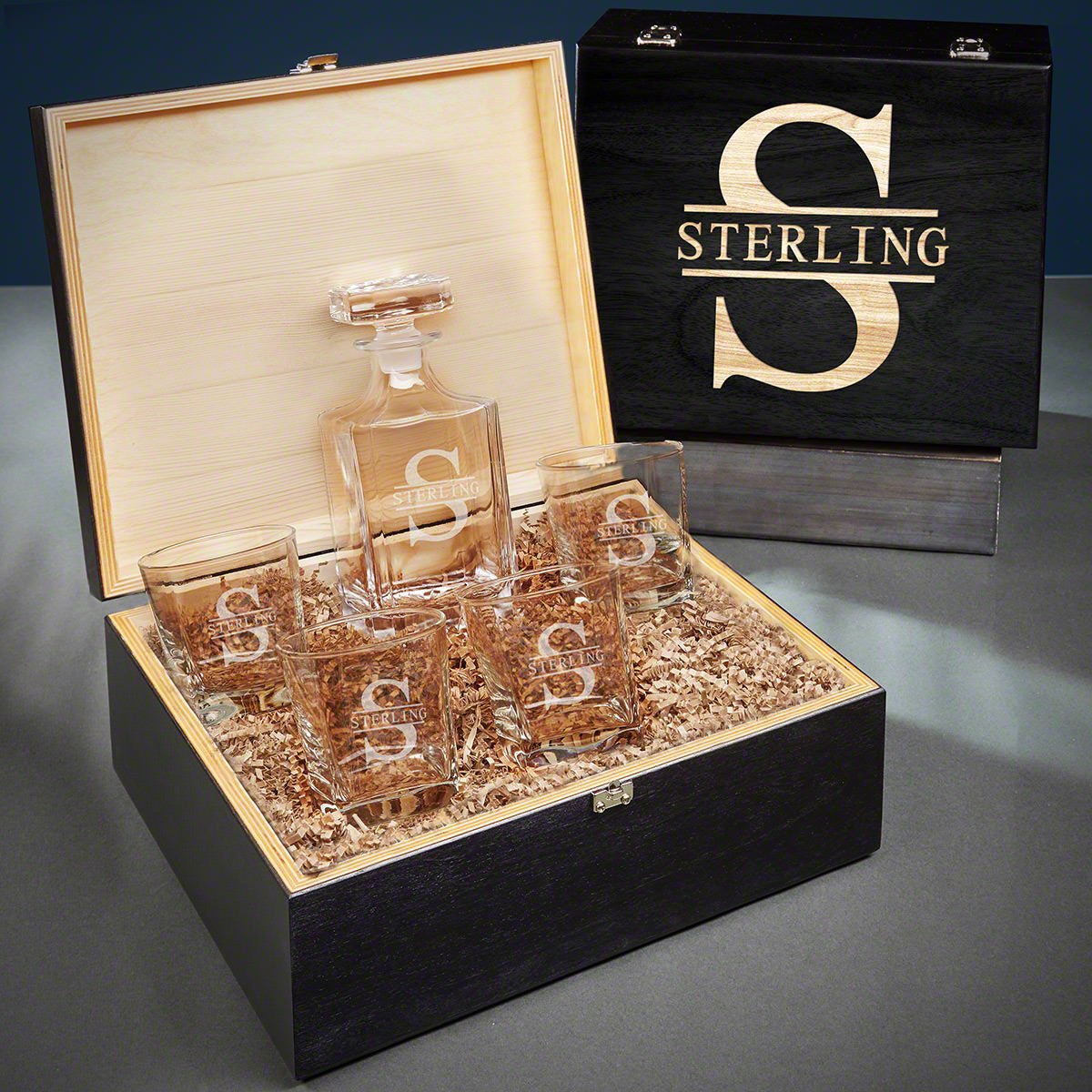 Custom Bourbon Decanter Set with 4 Square Glasses - Crafted Ebony Box