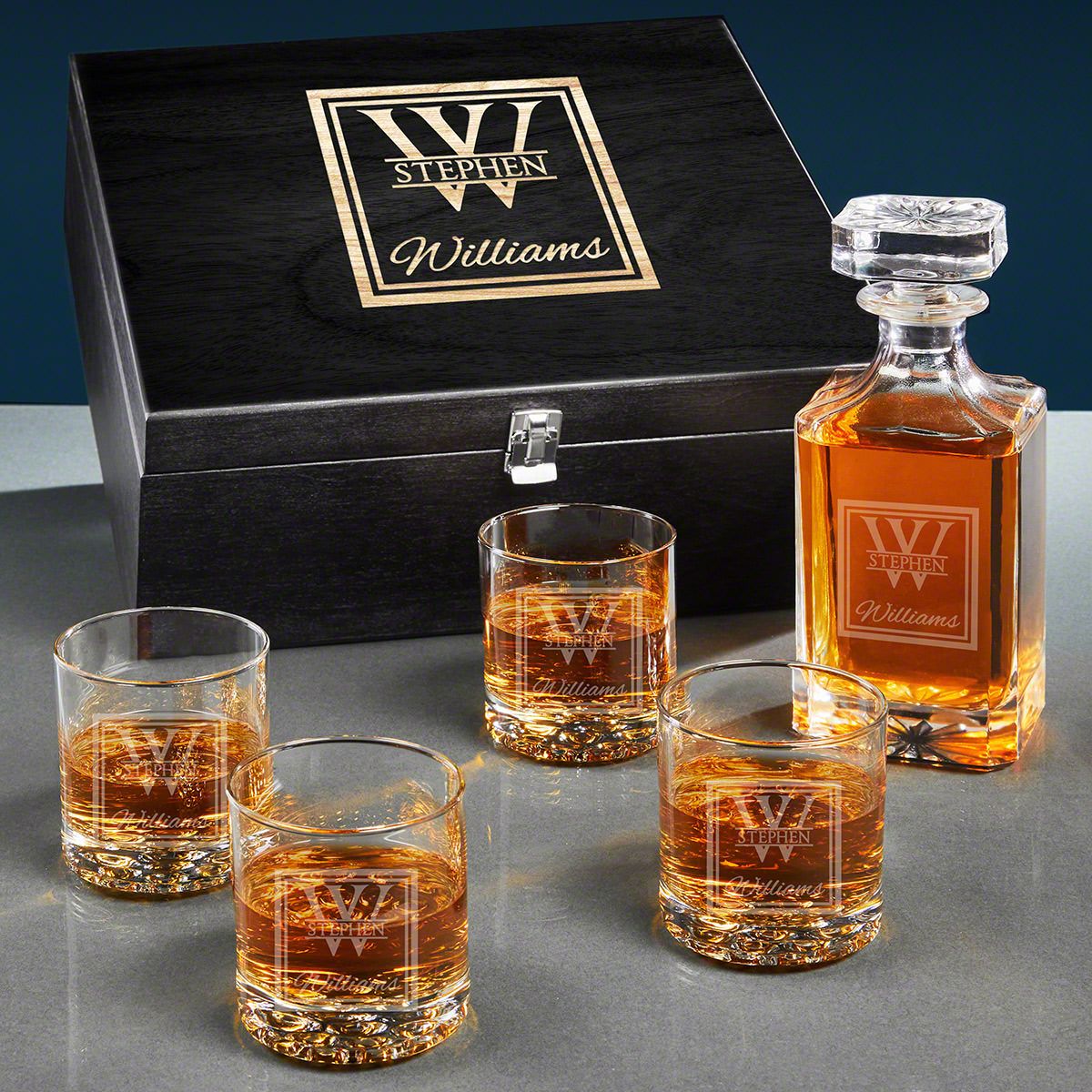 Custom Carson Crystal Whiskey Decanter Set with Glasses - Crafted Ebony Black Box