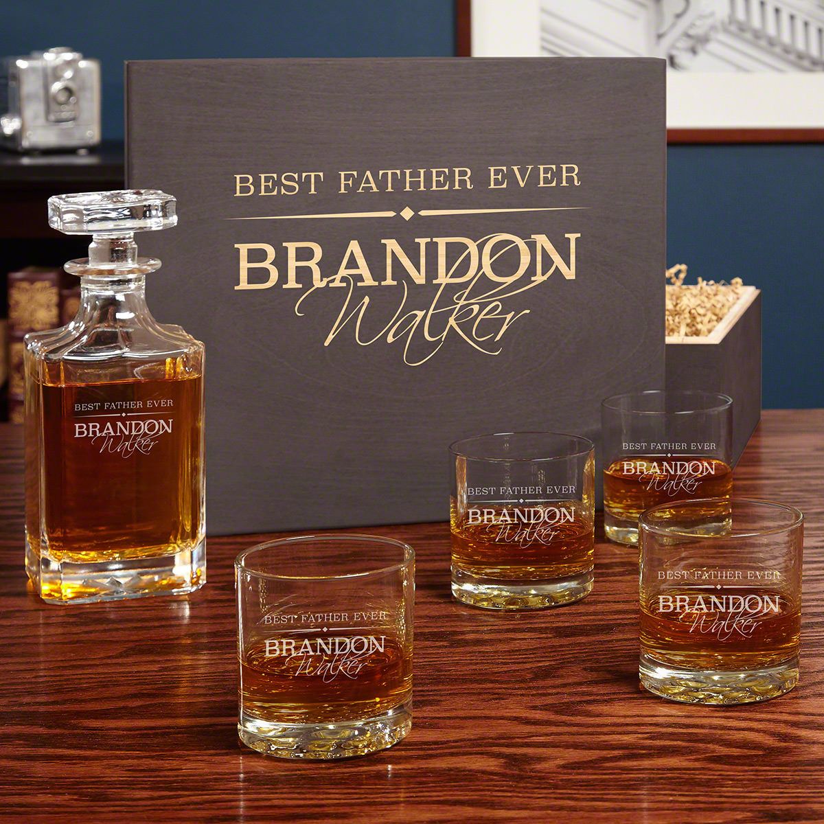 Boxed Decanter Set with Personalized Whiskey Glasses