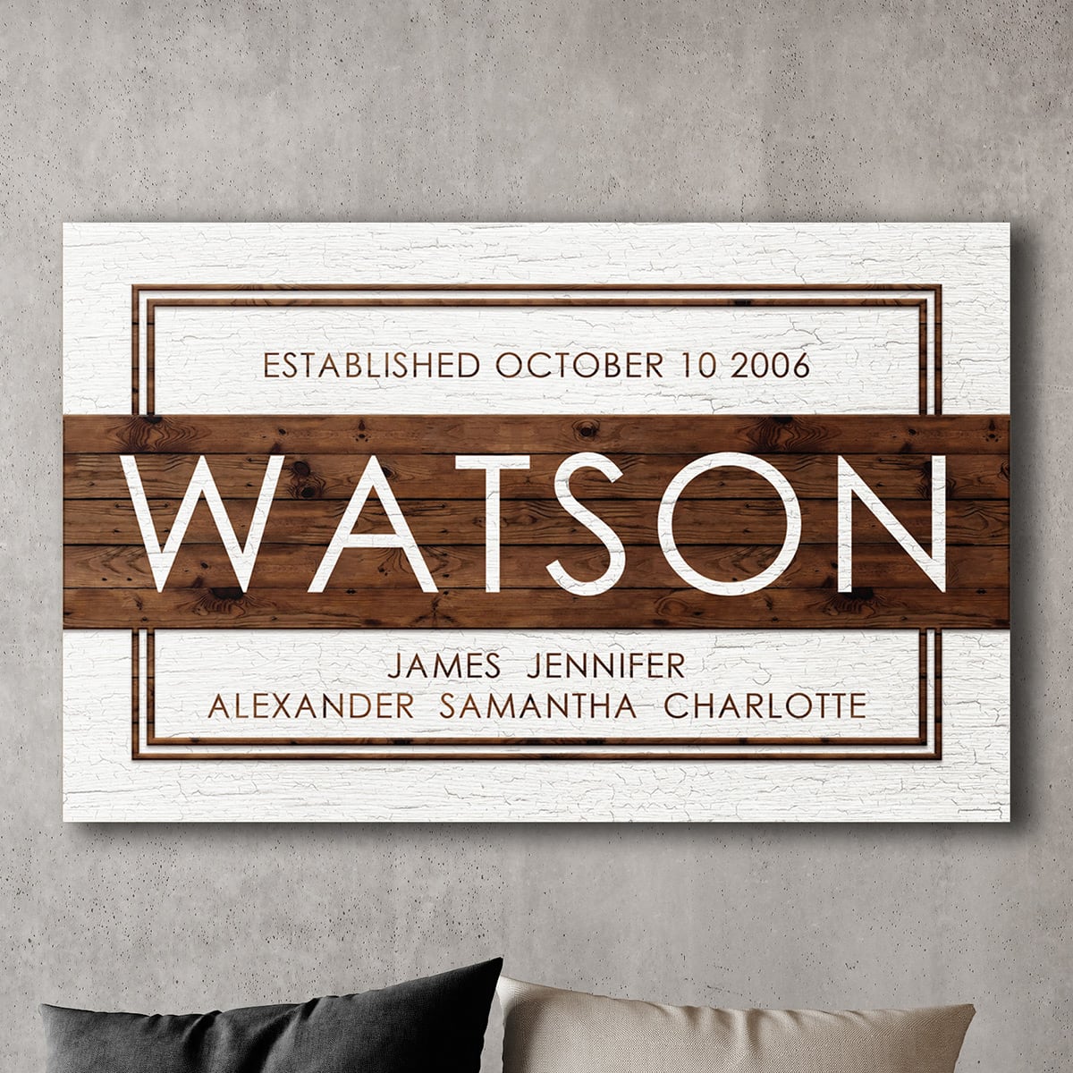 Custom Family Name Sign, White with Wood Grain