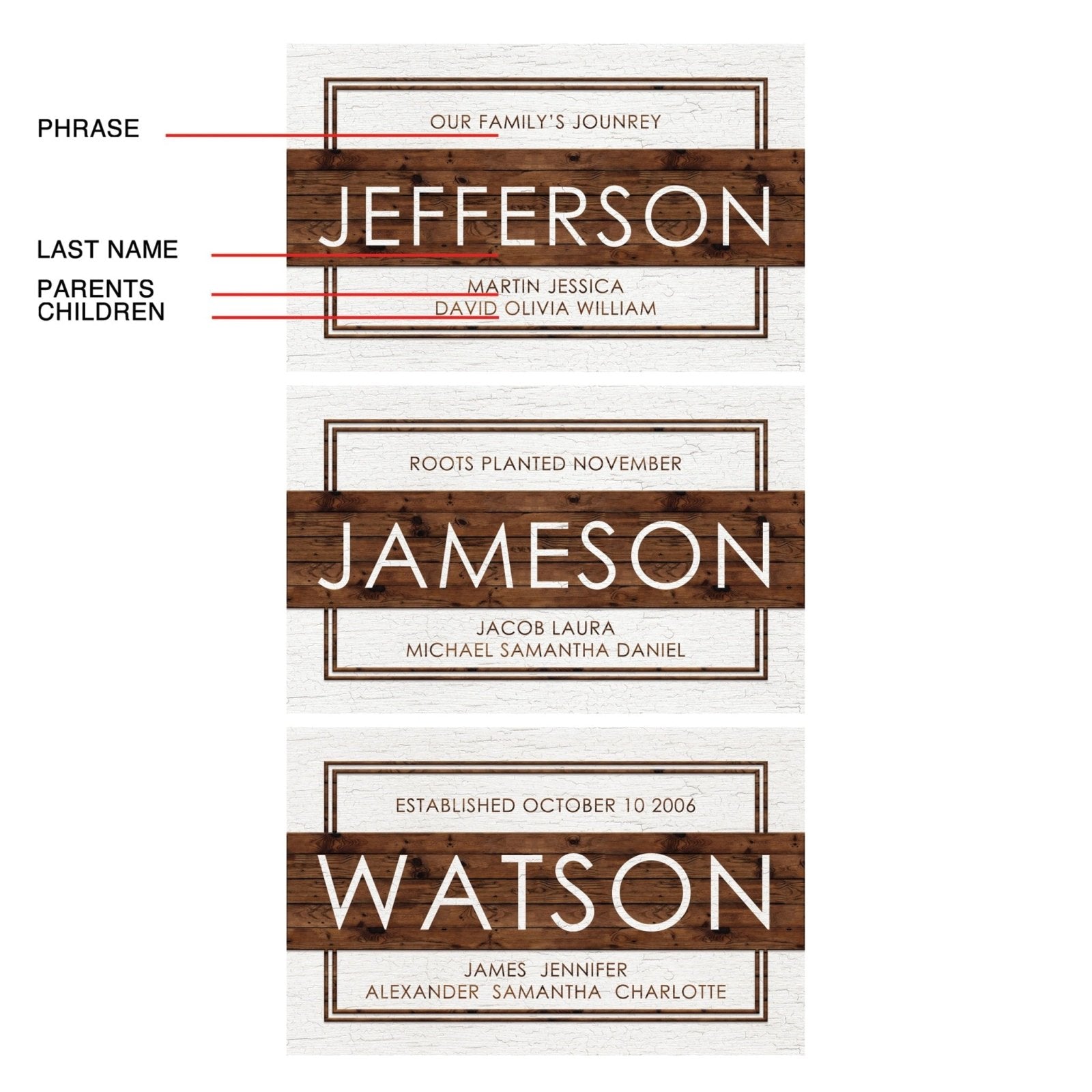 Custom Family Name Sign, White with Wood Grain