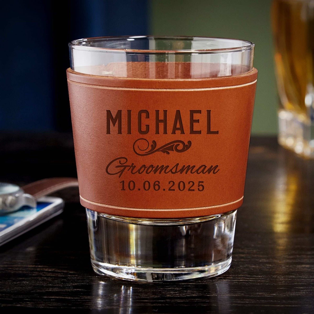 Custom Leather Wrap Whiskey Glass - Gift for Groomsmen