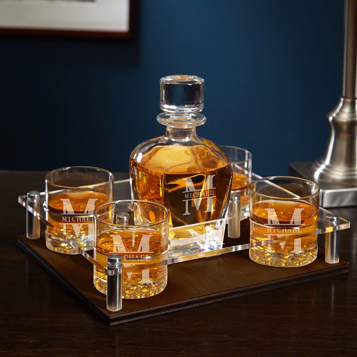 Custom Presentation Set with Carson Whiskey Decanter & Glasses - Bar Serving Tray & Display Set