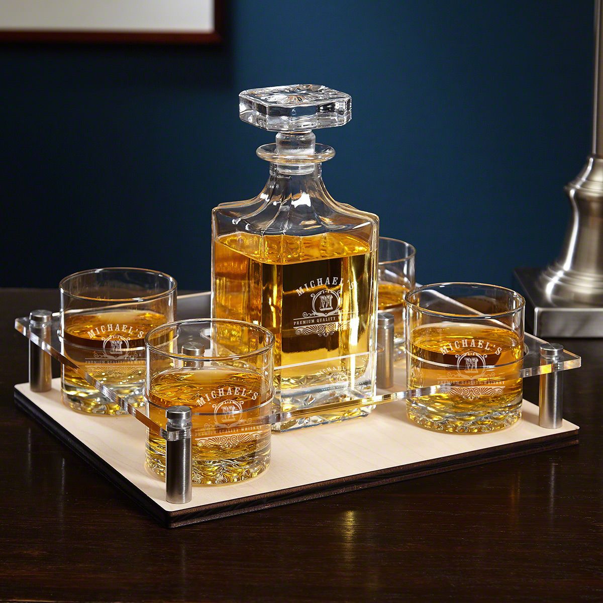 Custom Presentation Set with Crystal Decanter & Buckman Glasses - Bar Serving Tray & Display Set