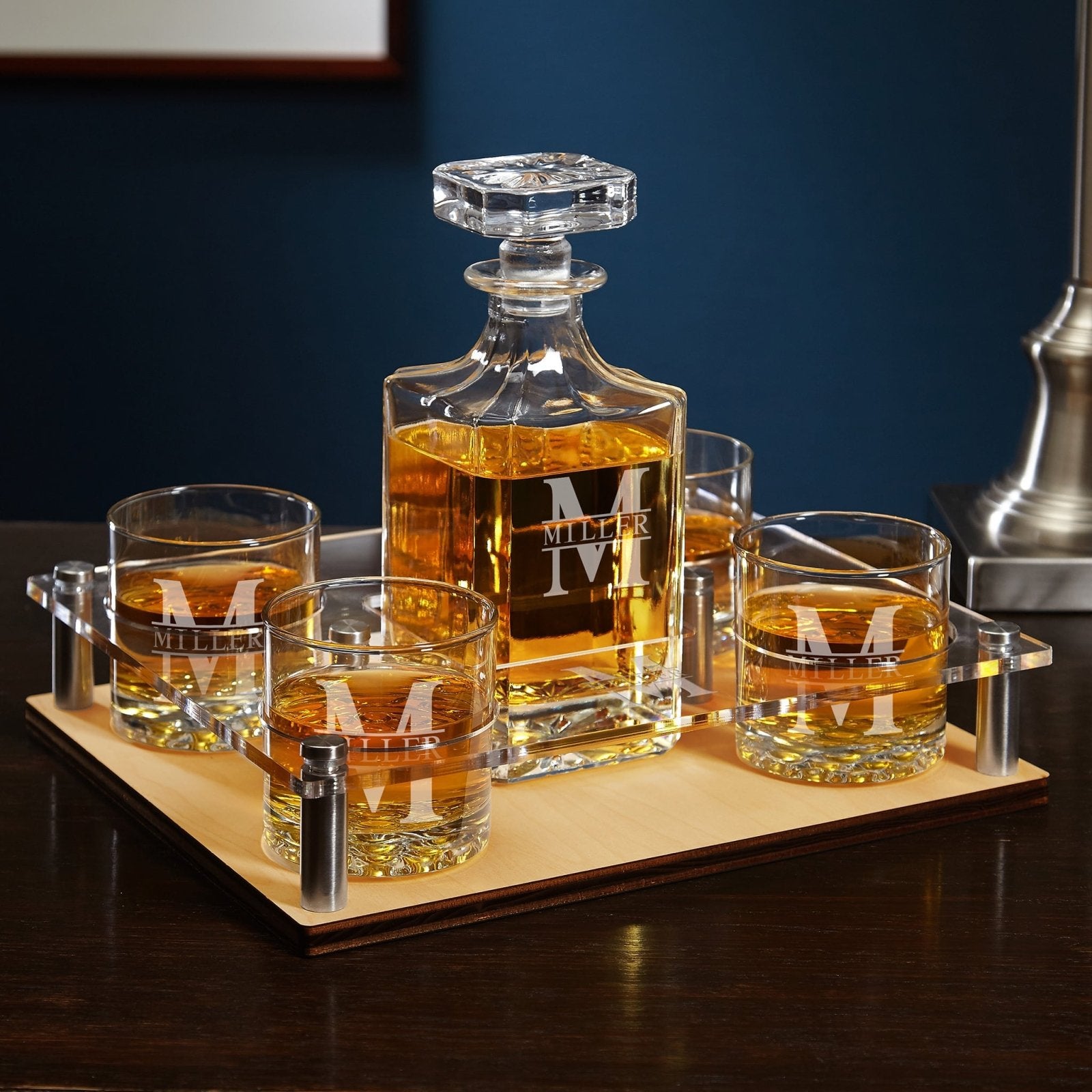 Custom Presentation Set with Crystal Decanter & Buckman Glasses - Bar Serving Tray & Display Set