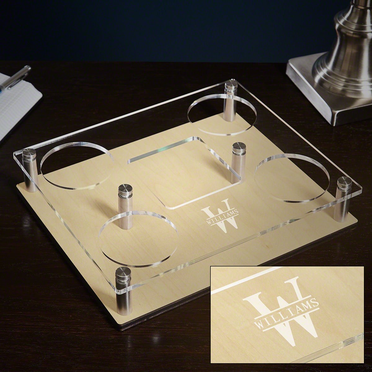 Custom Presentation Set with Crystal Decanter & Buckman Glasses - Bar Serving Tray & Display Set