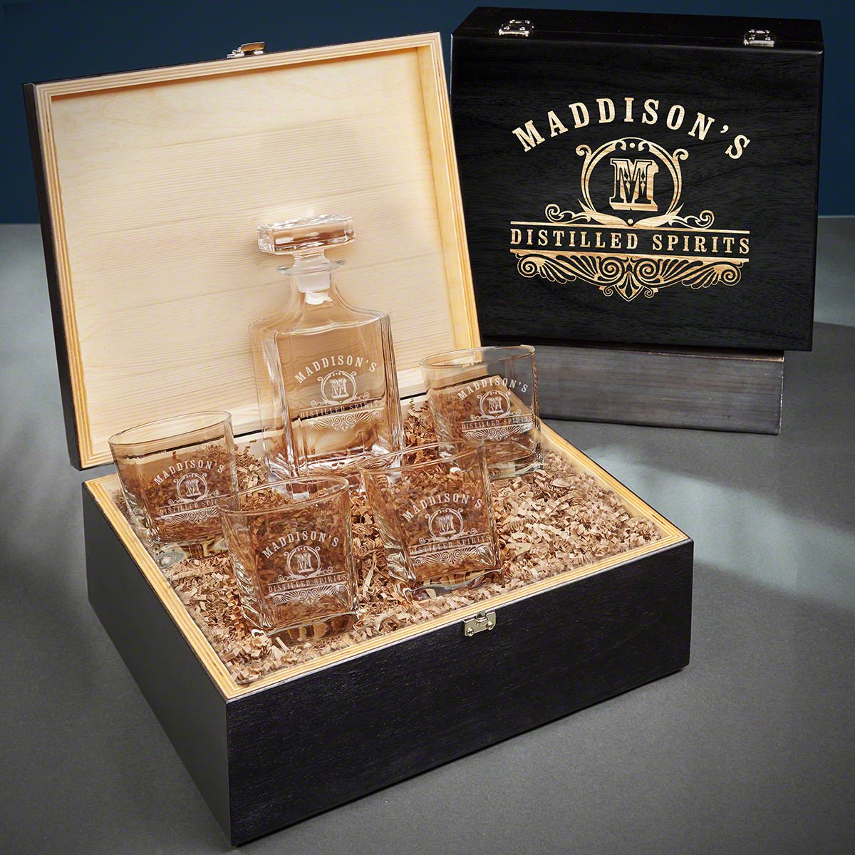 Custom Rutherford Whiskey Decanter Set with Glasses - Ebony Black Box