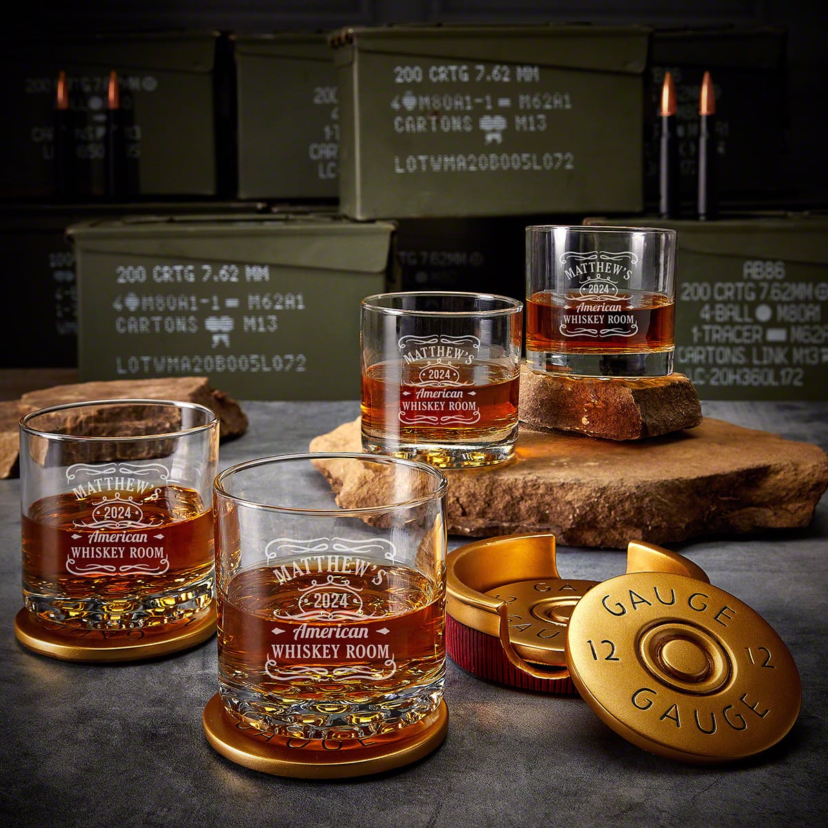 Engraved Whiskey Glasses with Shotgun Shell Coaster Set 