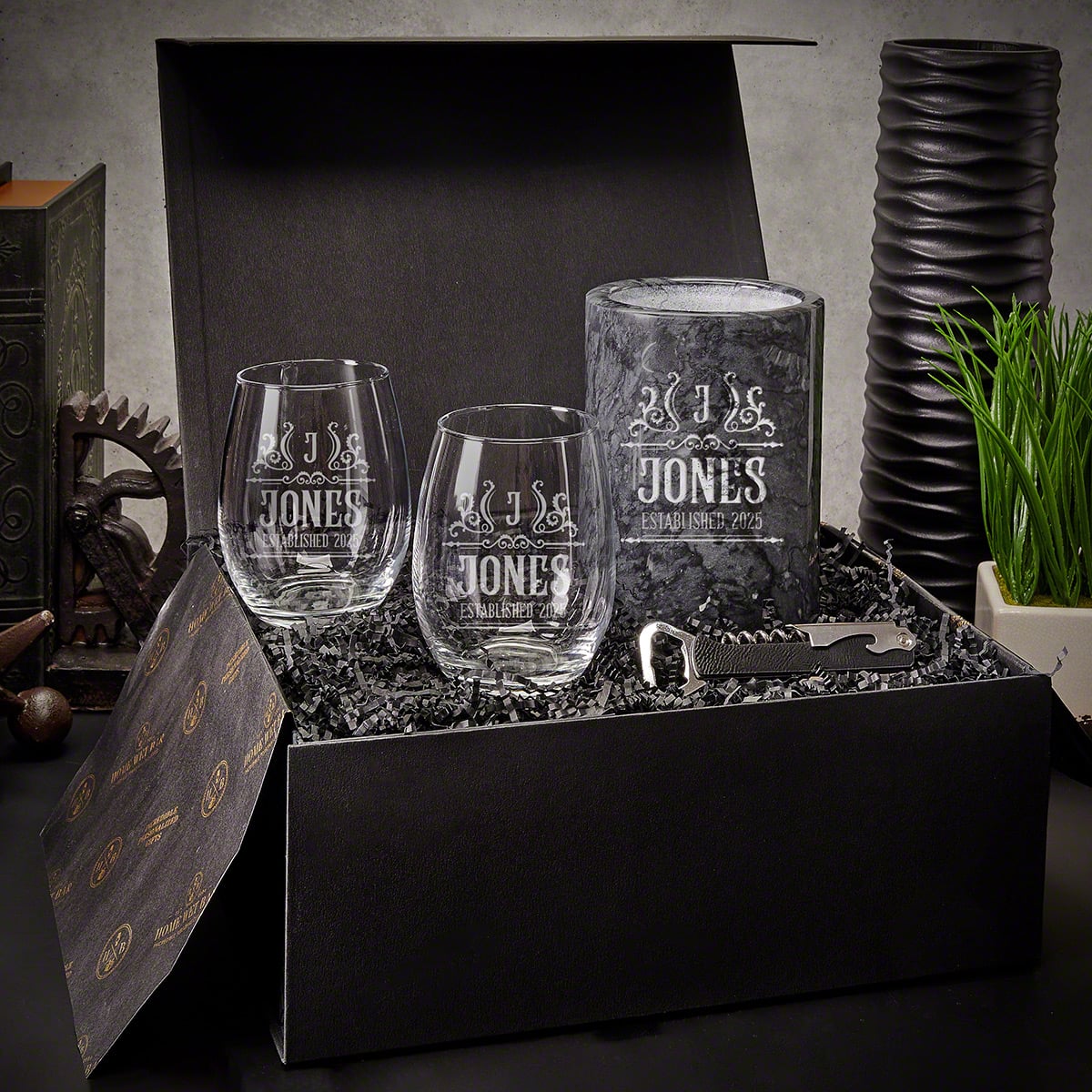 Custom Wine Chiller Box Set with Stemless Wine Glasses - 5pc 