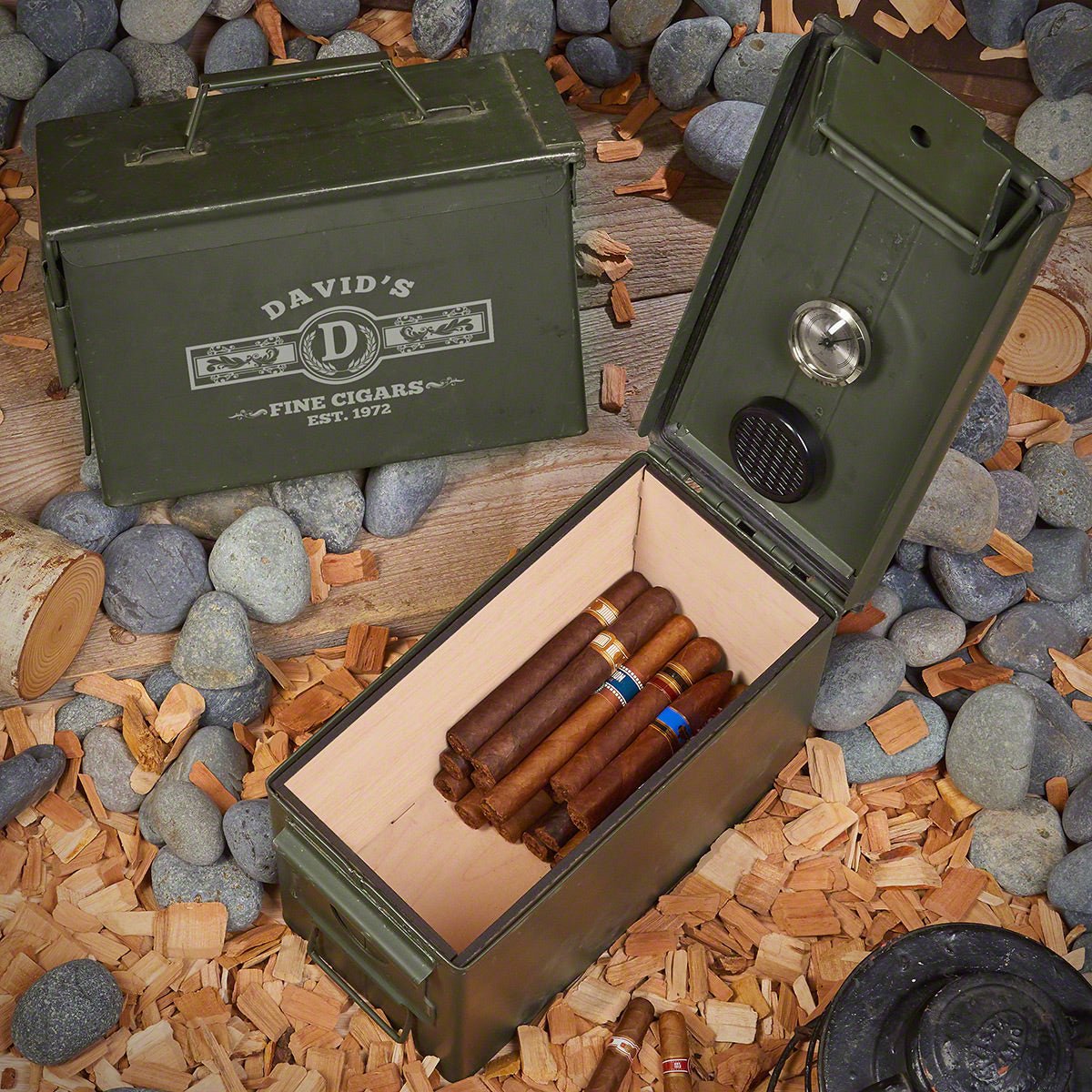 Customized 50 Cal Ammo Can Humidor - Cigar Aficionado Design