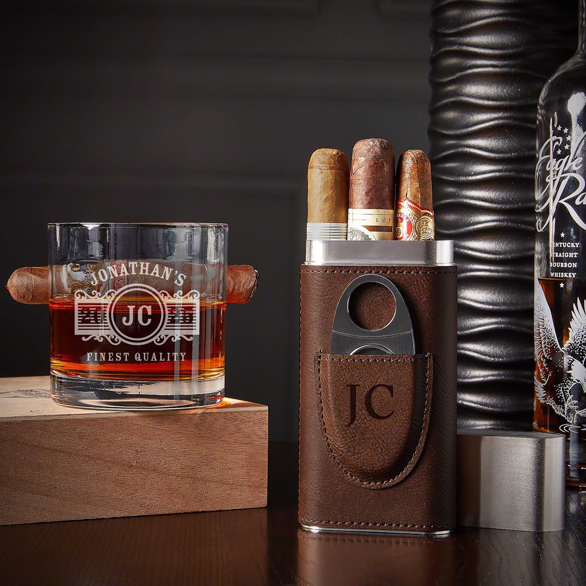 Customized Cigar Whiskey Glass & Cigar Case - Marquee Design