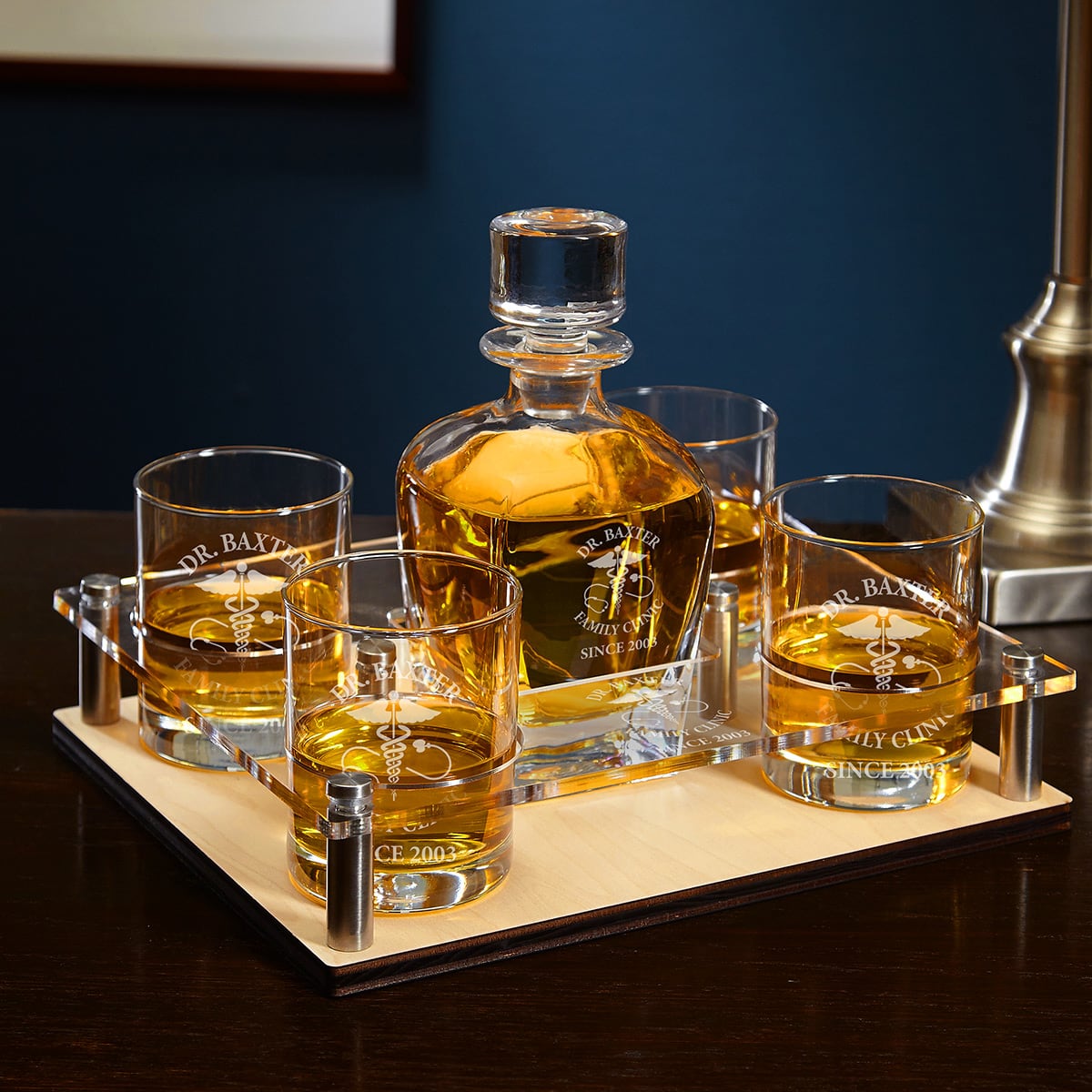 Doctor Presentation Set with Whiskey Decanter & Glasses - Bar Serving Tray & Graduation Gift Set